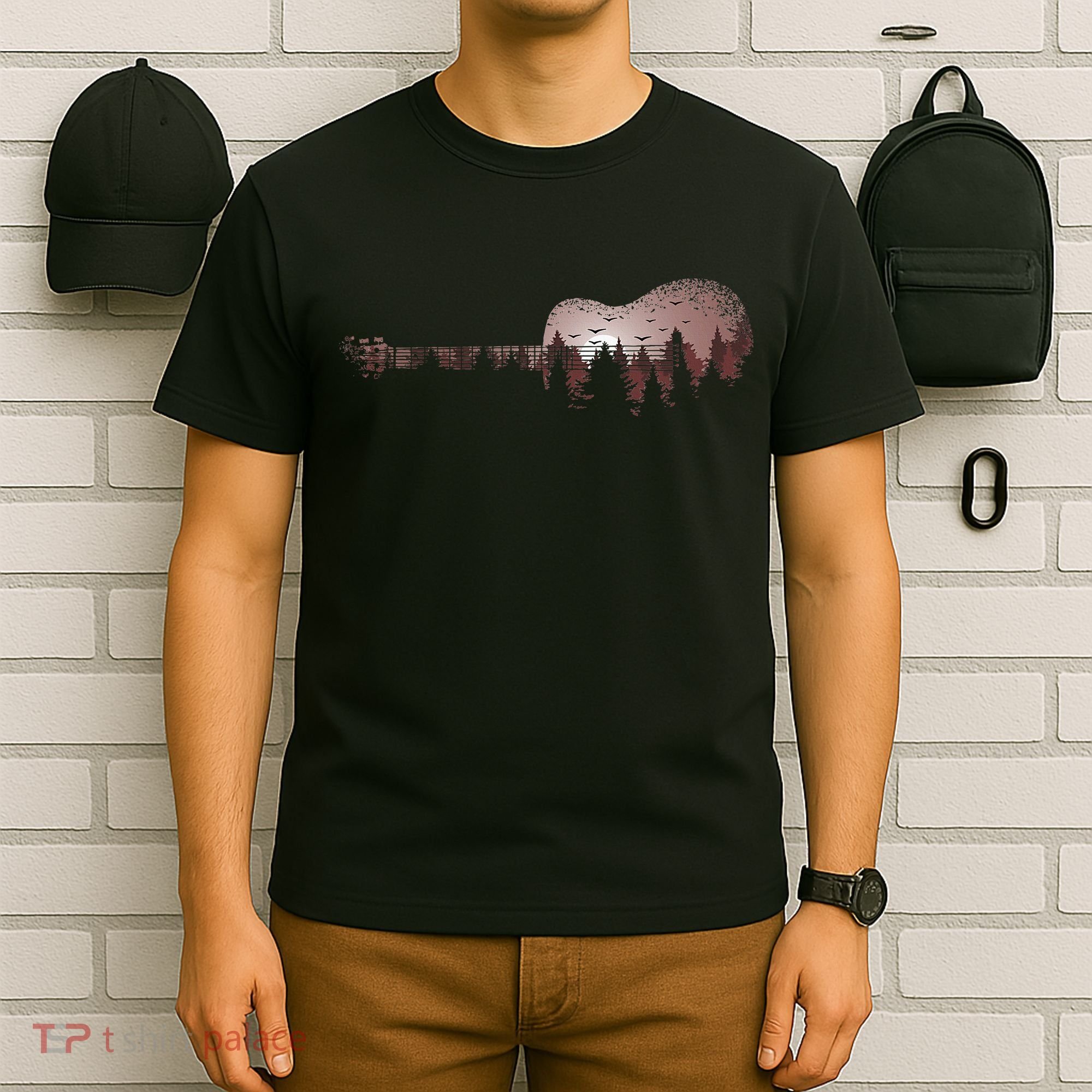 Landscape Acoustic Guitar Forest Trees Musician Guitarist T-Shirt