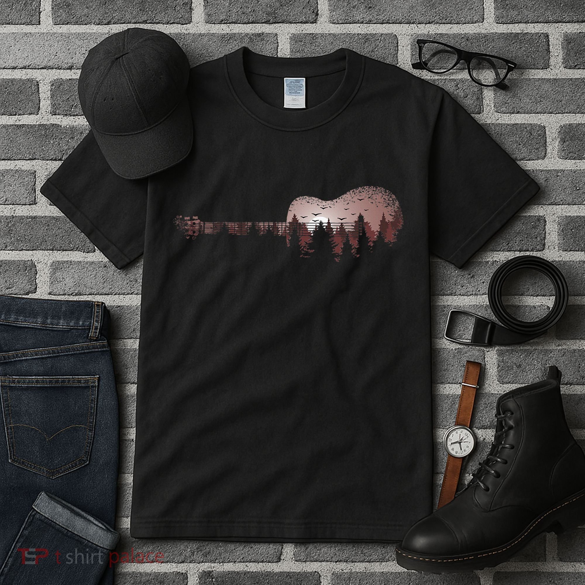 Landscape Acoustic Guitar Forest Trees Musician Guitarist Tall T-Shirt