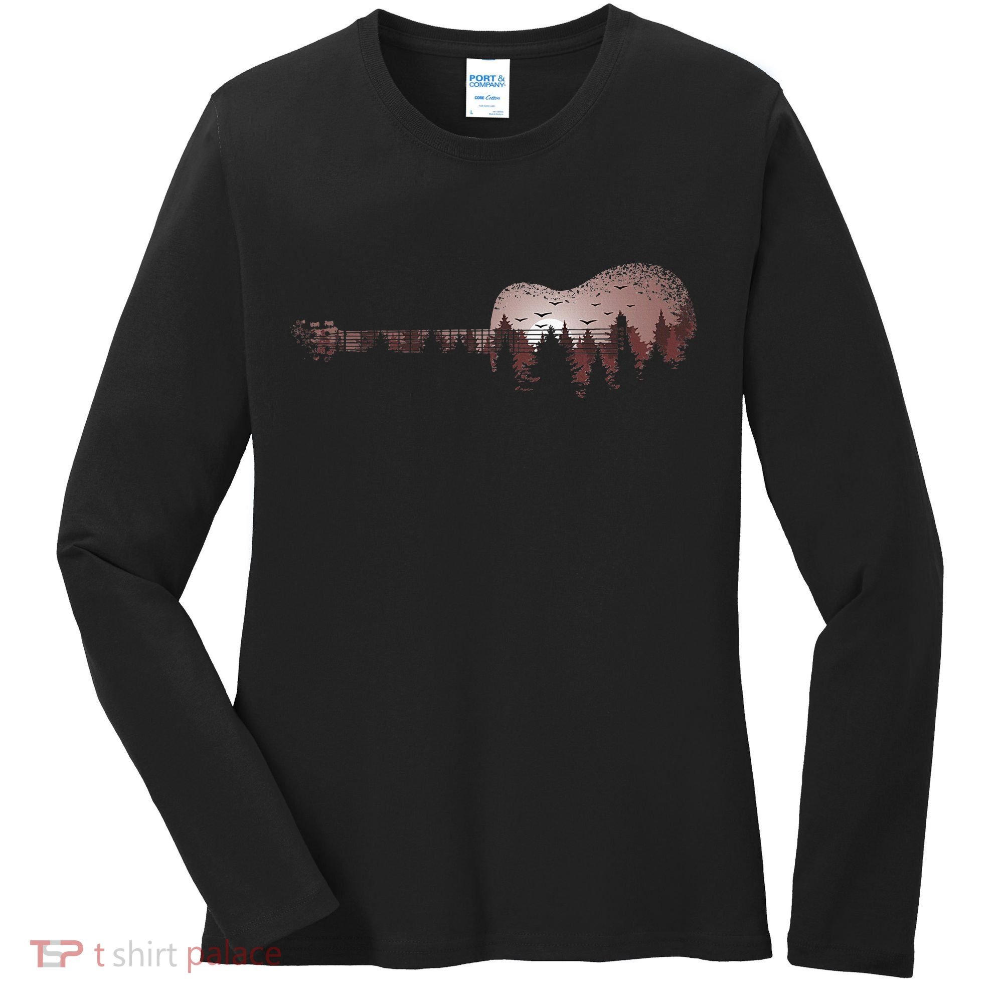 Landscape Acoustic Guitar Forest Trees Musician Guitarist Women's Long Sleeve Shirt