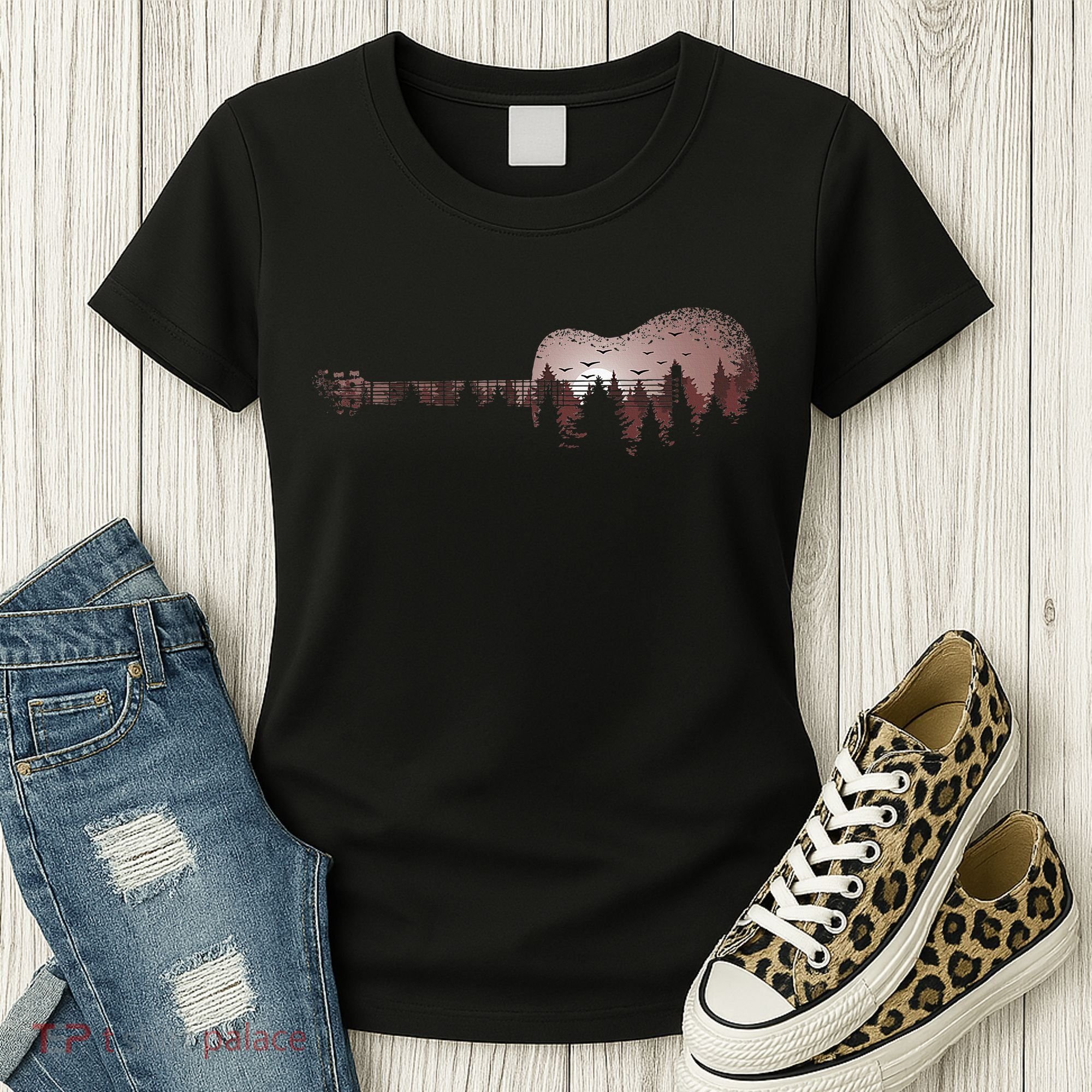 Landscape Acoustic Guitar Forest Trees Musician Guitarist Women's T-Shirt