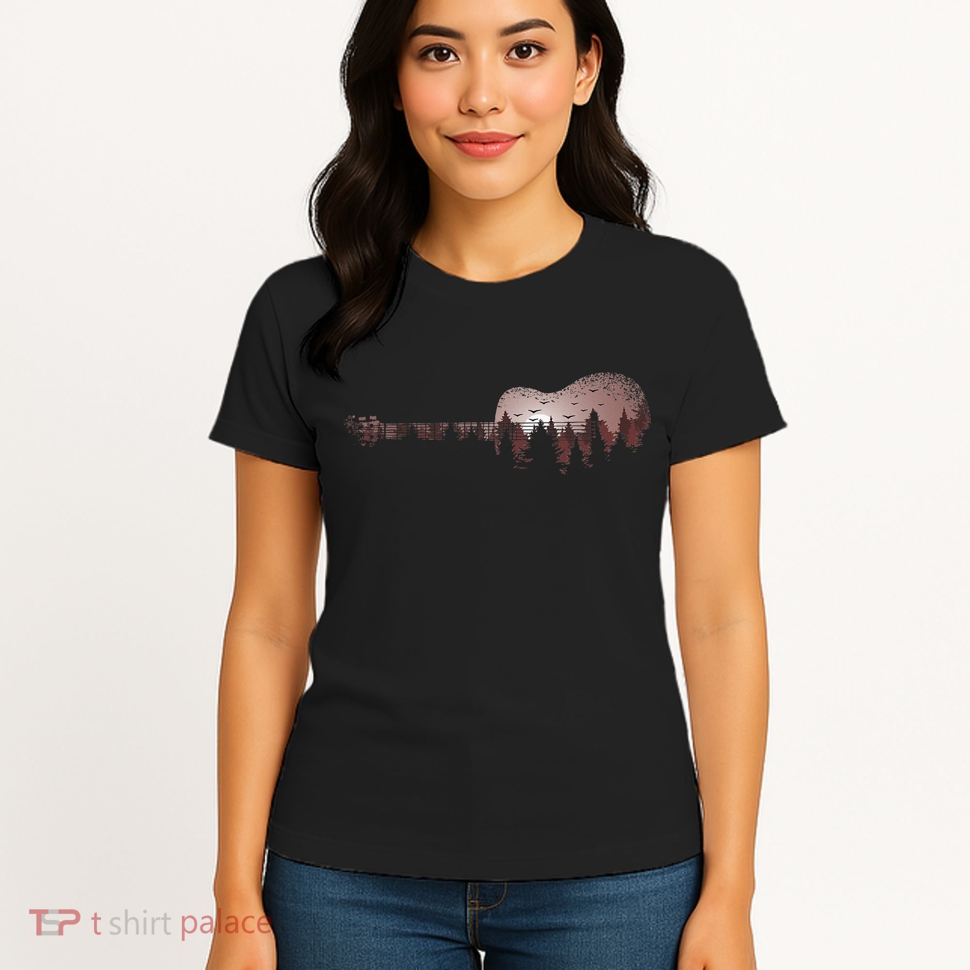Landscape Acoustic Guitar Forest Trees Musician Guitarist Women's T-Shirt