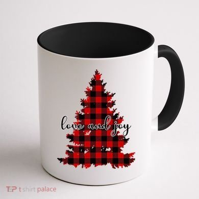 Love And Joy Checkered Christmas Tree Coffee Mug back