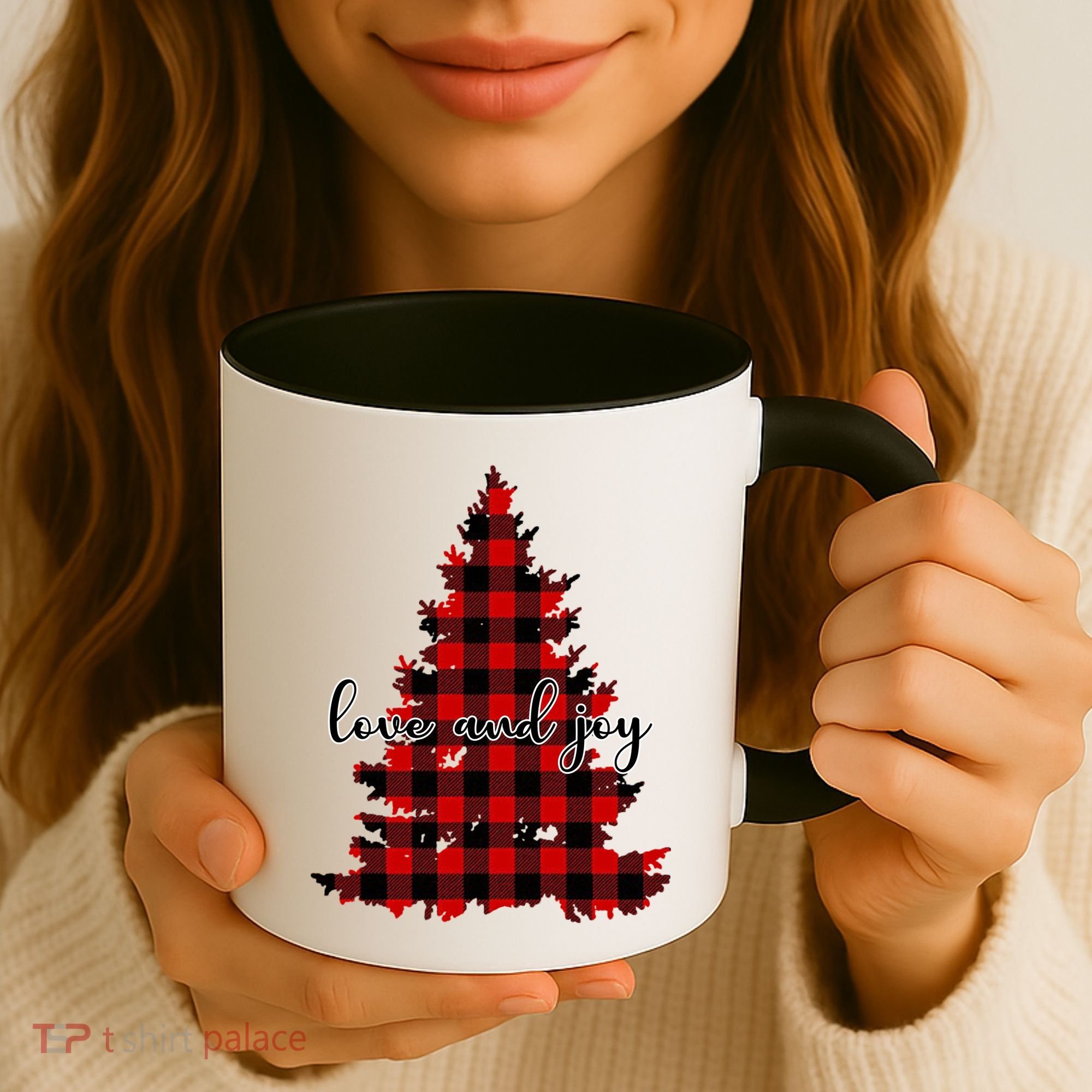 Love And Joy Checkered Christmas Tree Coffee Mug