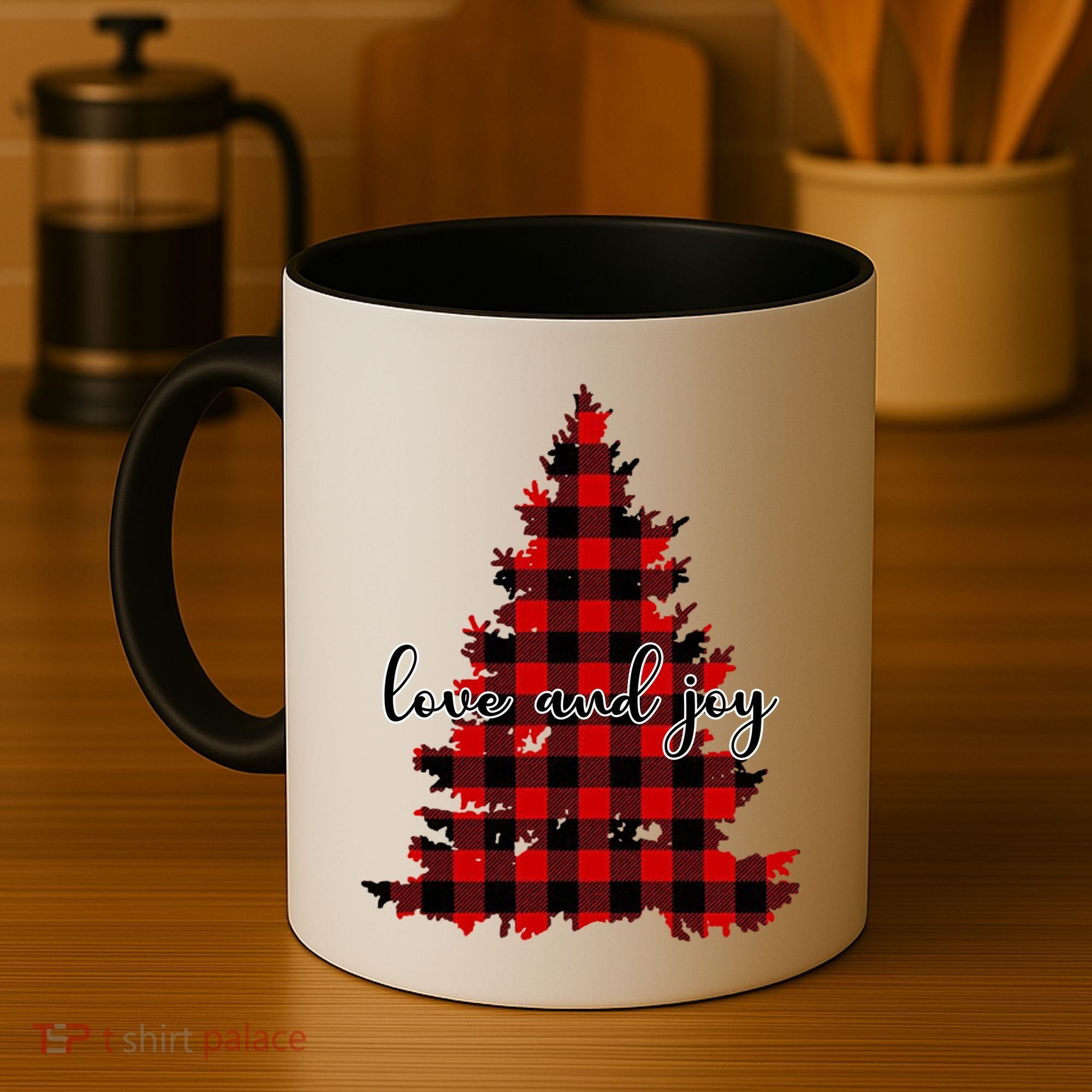 Love And Joy Checkered Christmas Tree Coffee Mug