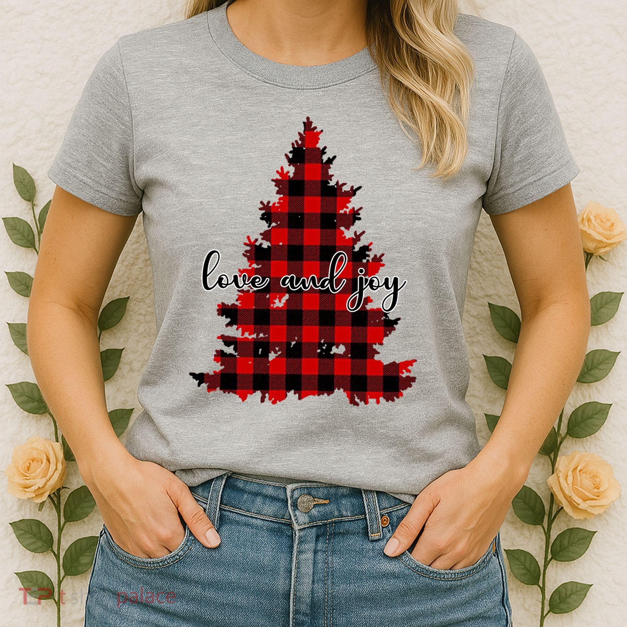 Love And Joy Checkered Christmas Tree Women's T-Shirt