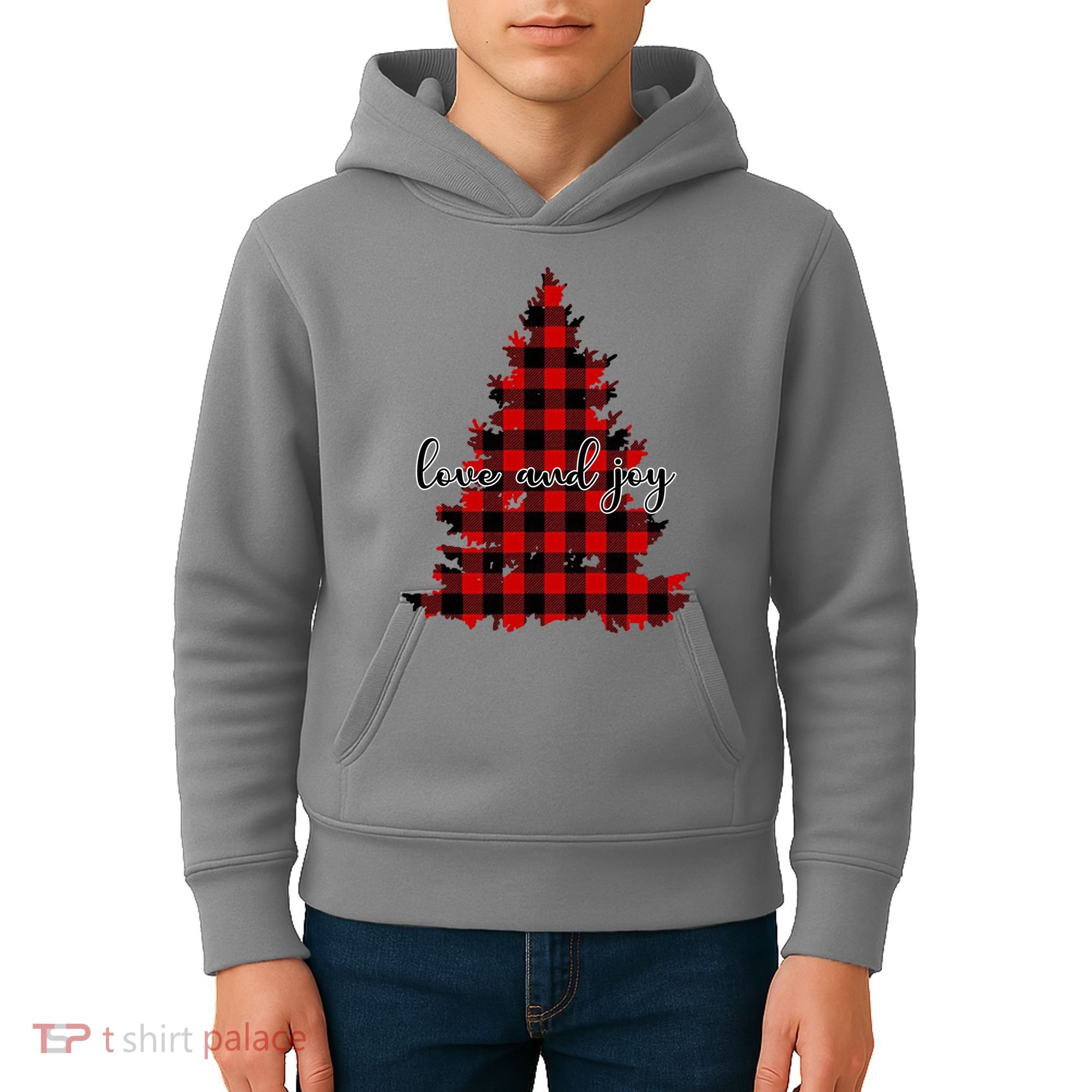 Love And Joy Checkered Christmas Tree Kids Hoodie
