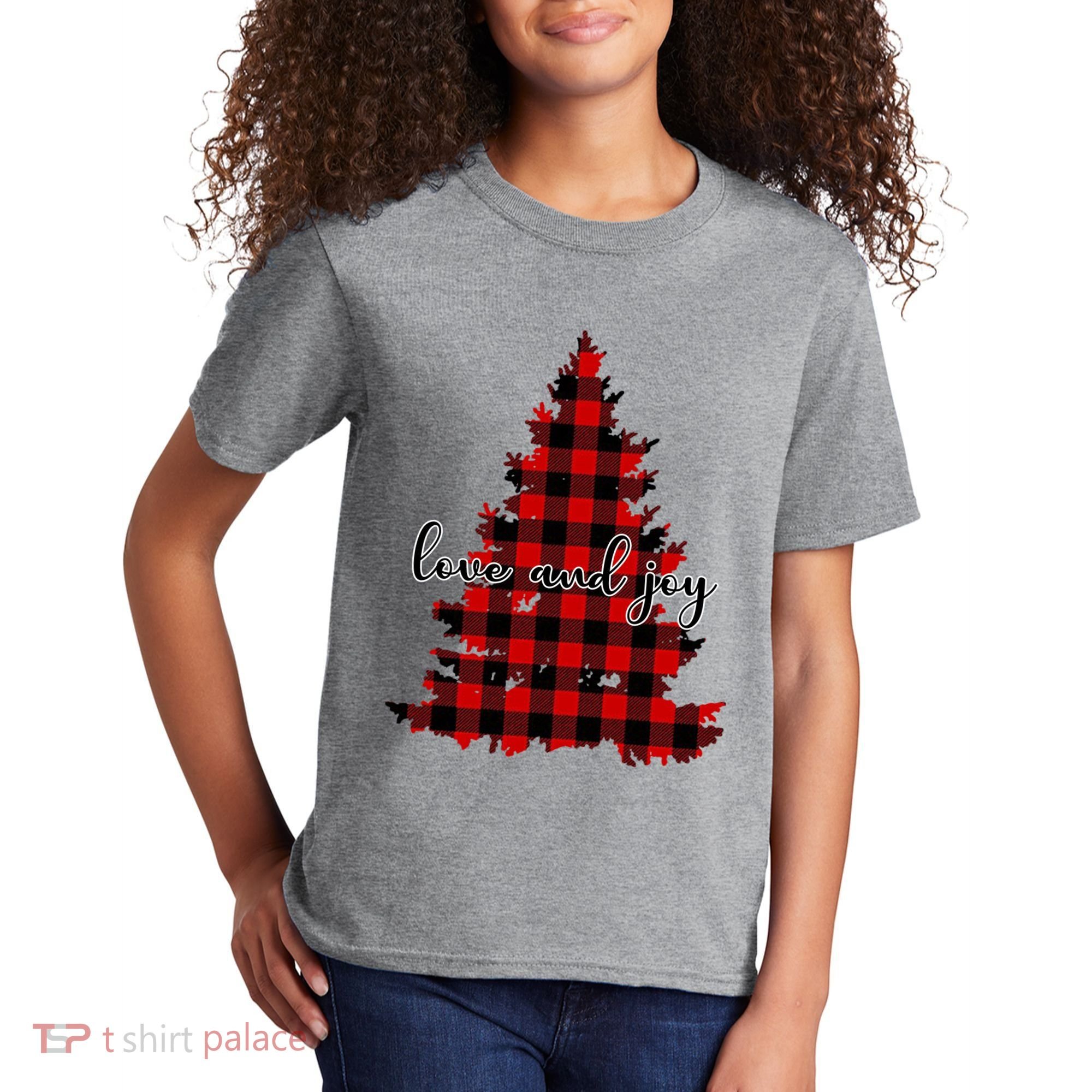 Love And Joy Checkered Christmas Tree Kids T-Shirt