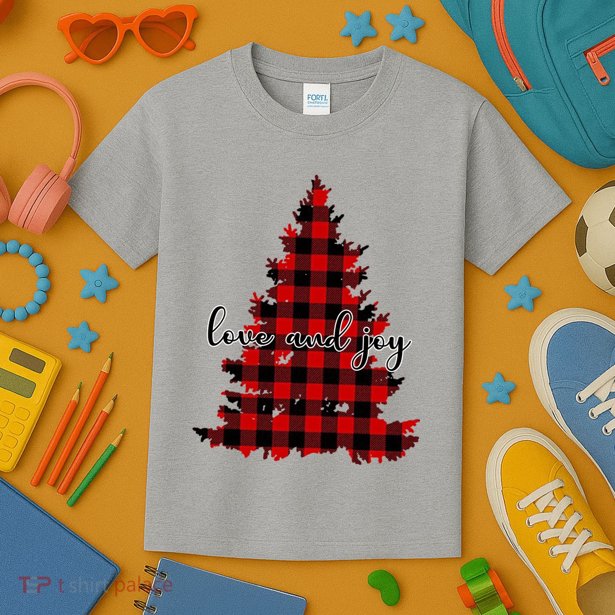 Love And Joy Checkered Christmas Tree Kids T-Shirt