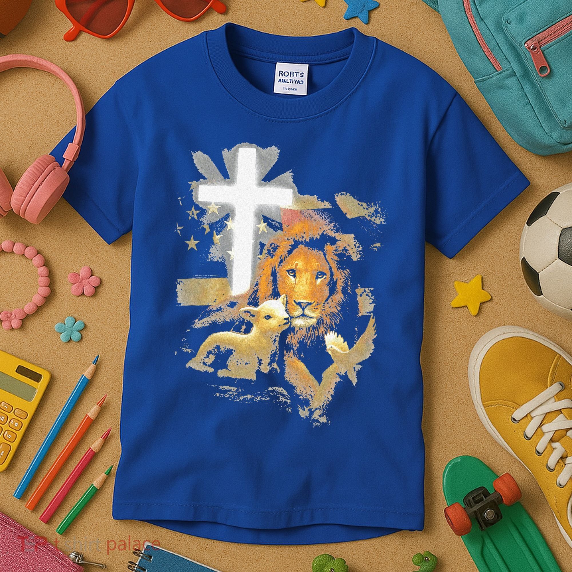 Lion And Lamb Cross Jesus Christ Kids T-Shirt