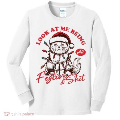 Look At Me Being All Festive Grumpy Cat Christmas Kids Long Sleeve Shirt