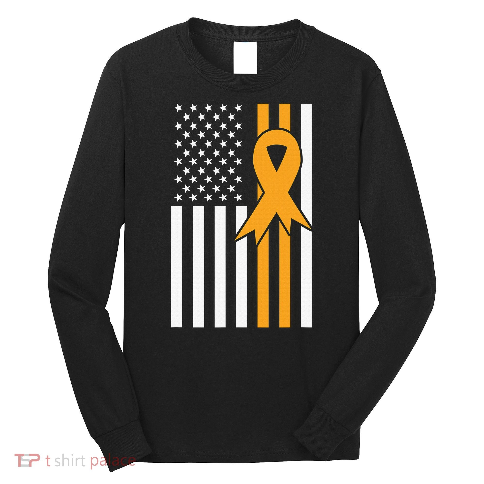 Leukemia Awareness Orange Ribbon USA American Flag Long Sleeve Shirt