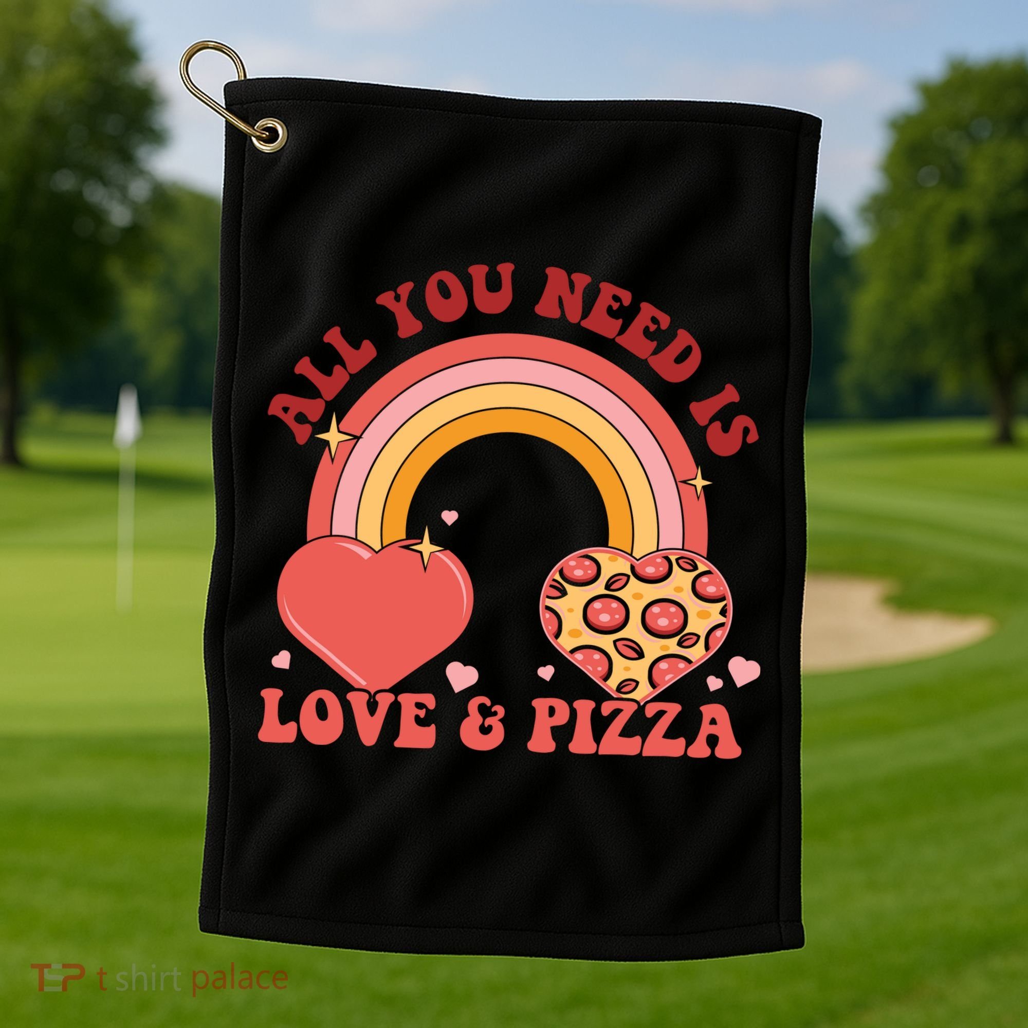 Love And Pizza Retro Valentine Gift For Valentine Day Golf Towel