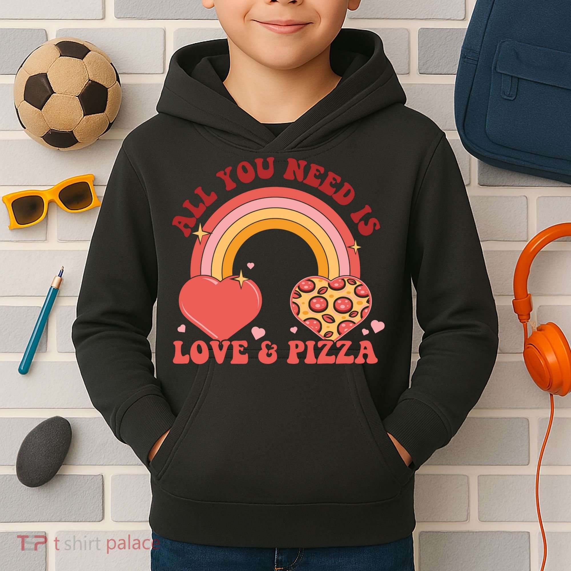 Love And Pizza Retro Valentine Gift For Valentine Day Kids Hoodie