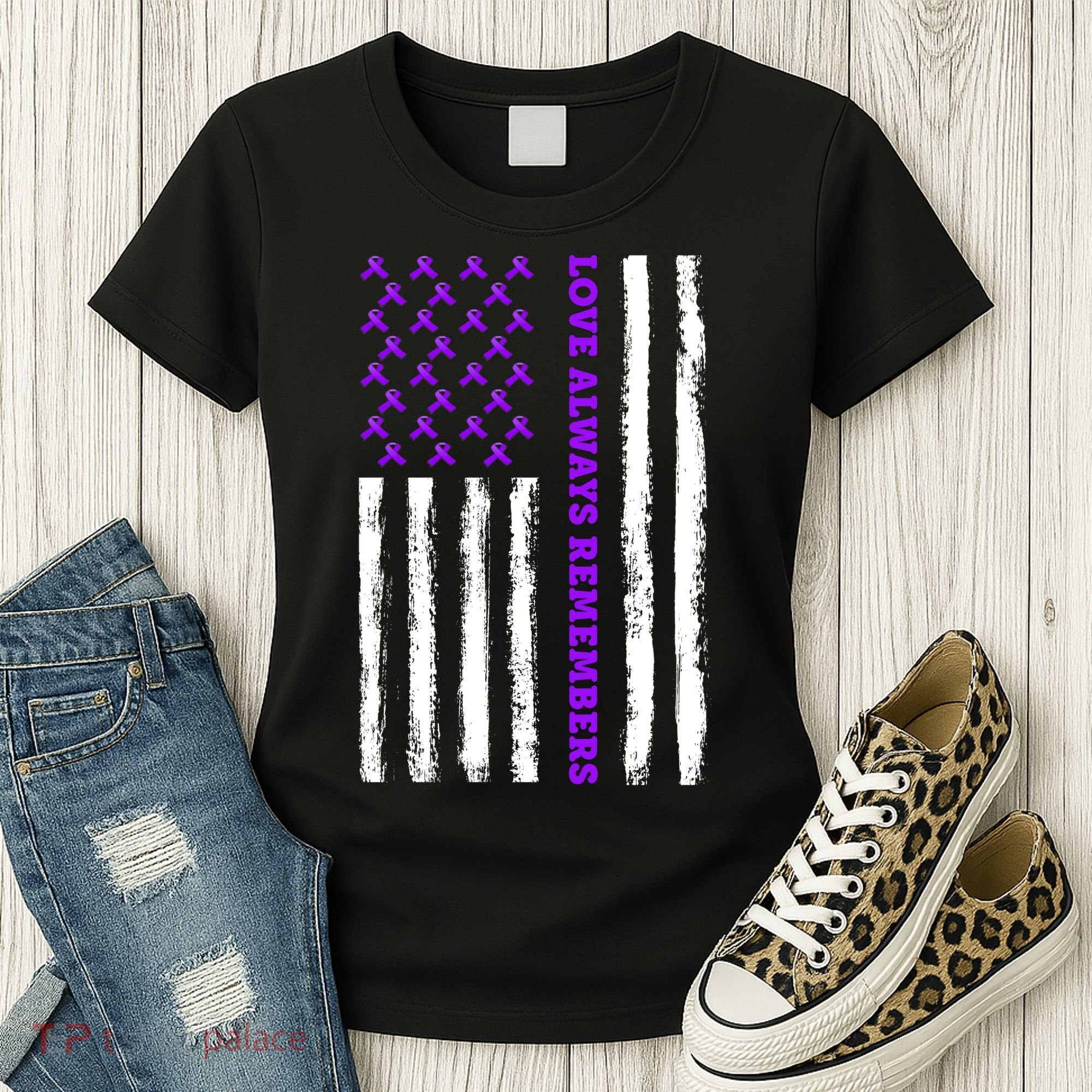 Love Always Remembers Alzheimer's American Flag Women's T-Shirt