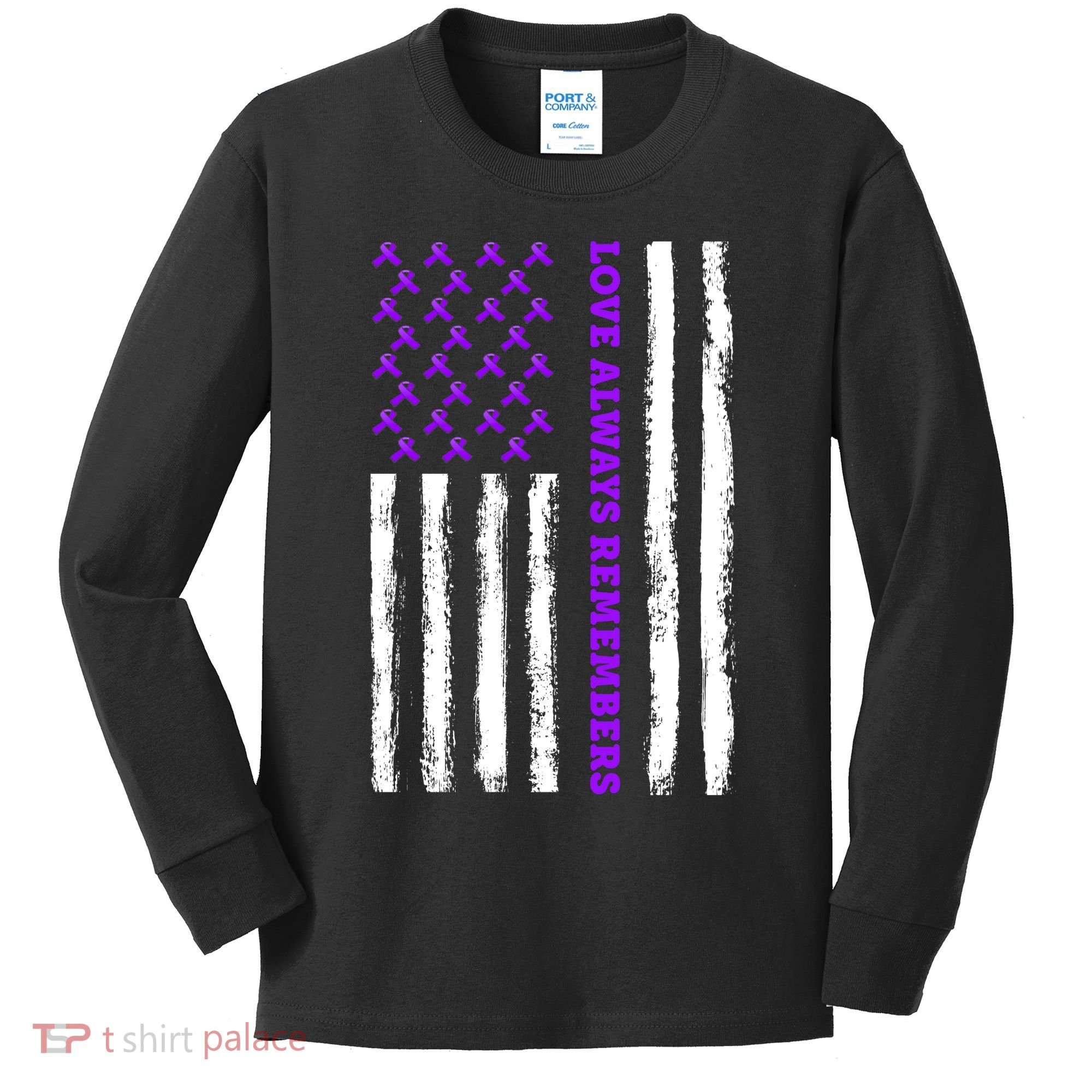 Love Always Remembers Alzheimer's American Flag Kids Long Sleeve Shirt