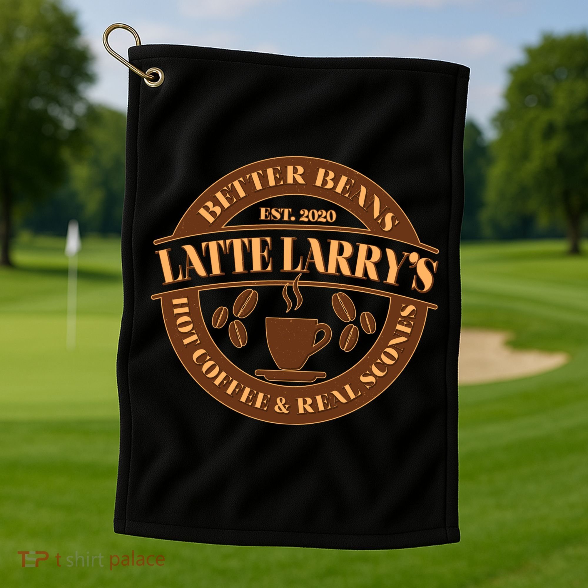 Latte Larry's Better Beans Hot Coffee & Real Scones Emblem Golf Towel