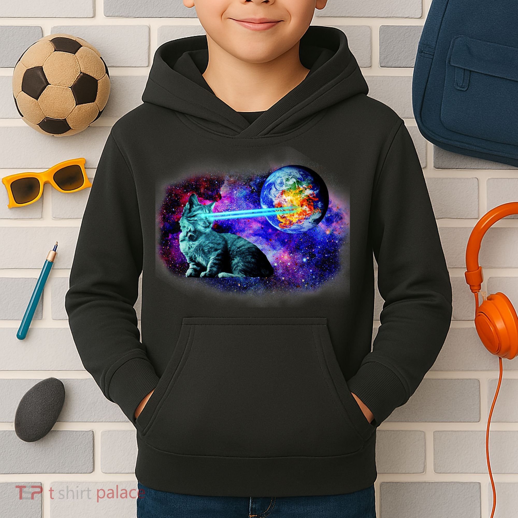 Lazer Cat Blasting In Space Kids Hoodie
