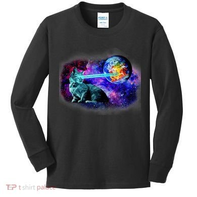 Lazer Cat Blasting In Space Kids Long Sleeve Shirt