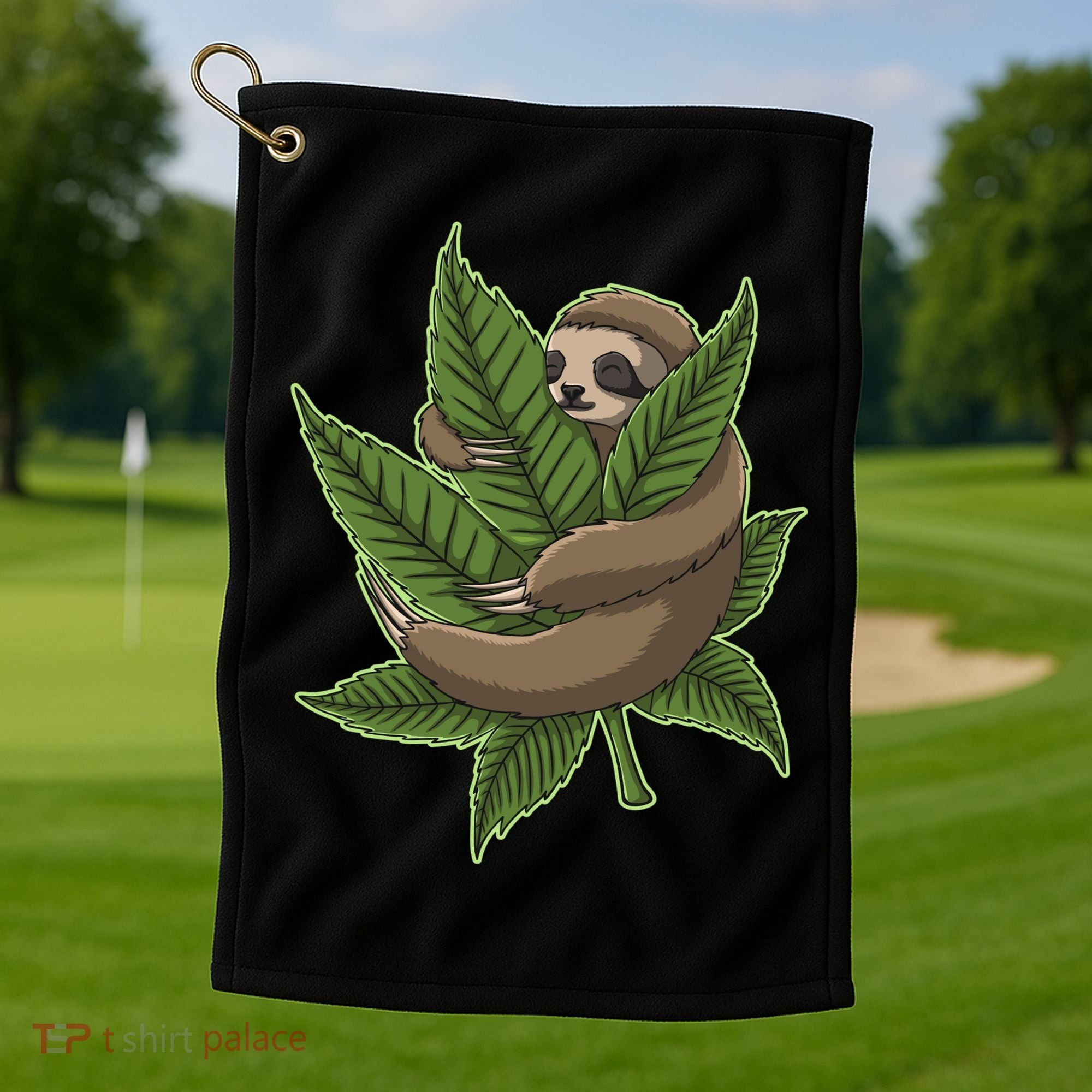 Lazy Sloth Cannabis Leaf Golf Towel