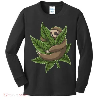 Lazy Sloth Cannabis Leaf Kids Long Sleeve Shirt
