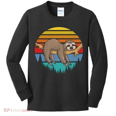 lazy Sloth Retro Sunset Kids Long Sleeve Shirt