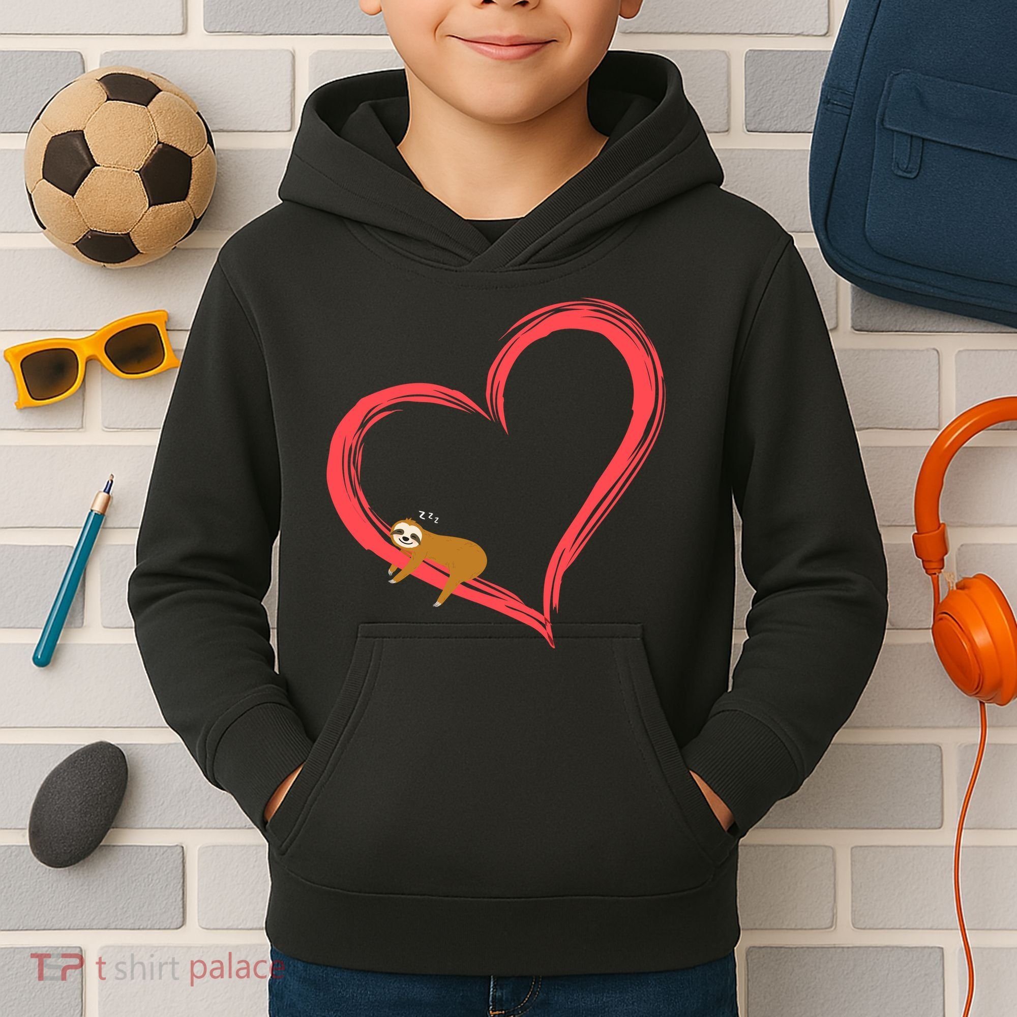 Lazy Sloth Sleeping On Heart Kids Hoodie