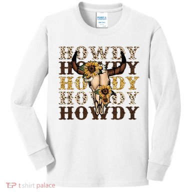 Leopard Boho Bull Skull Sunflower Howdy Western Decor Kids Long Sleeve Shirt