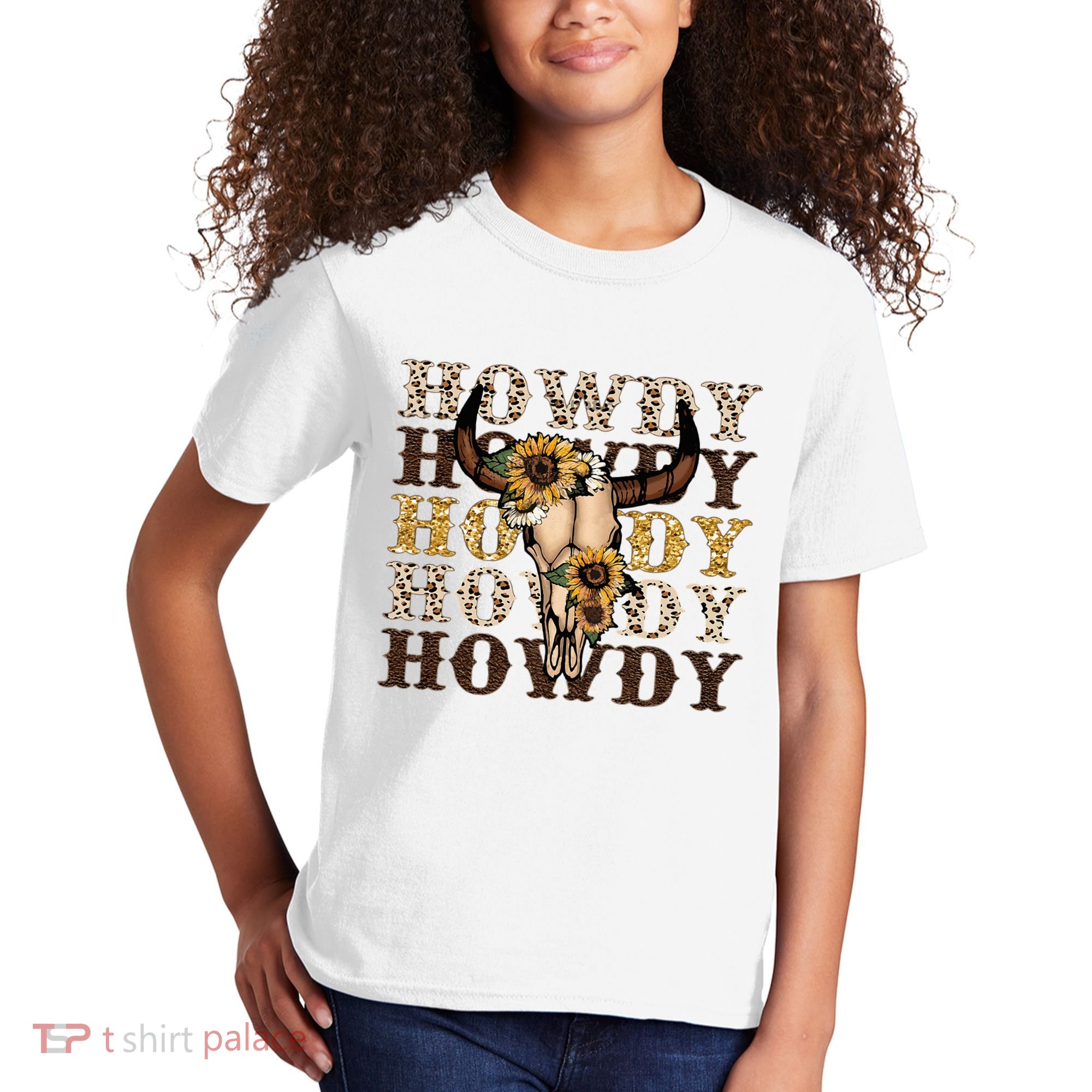 Leopard Boho Bull Skull Sunflower Howdy Western Decor Kids T-Shirt
