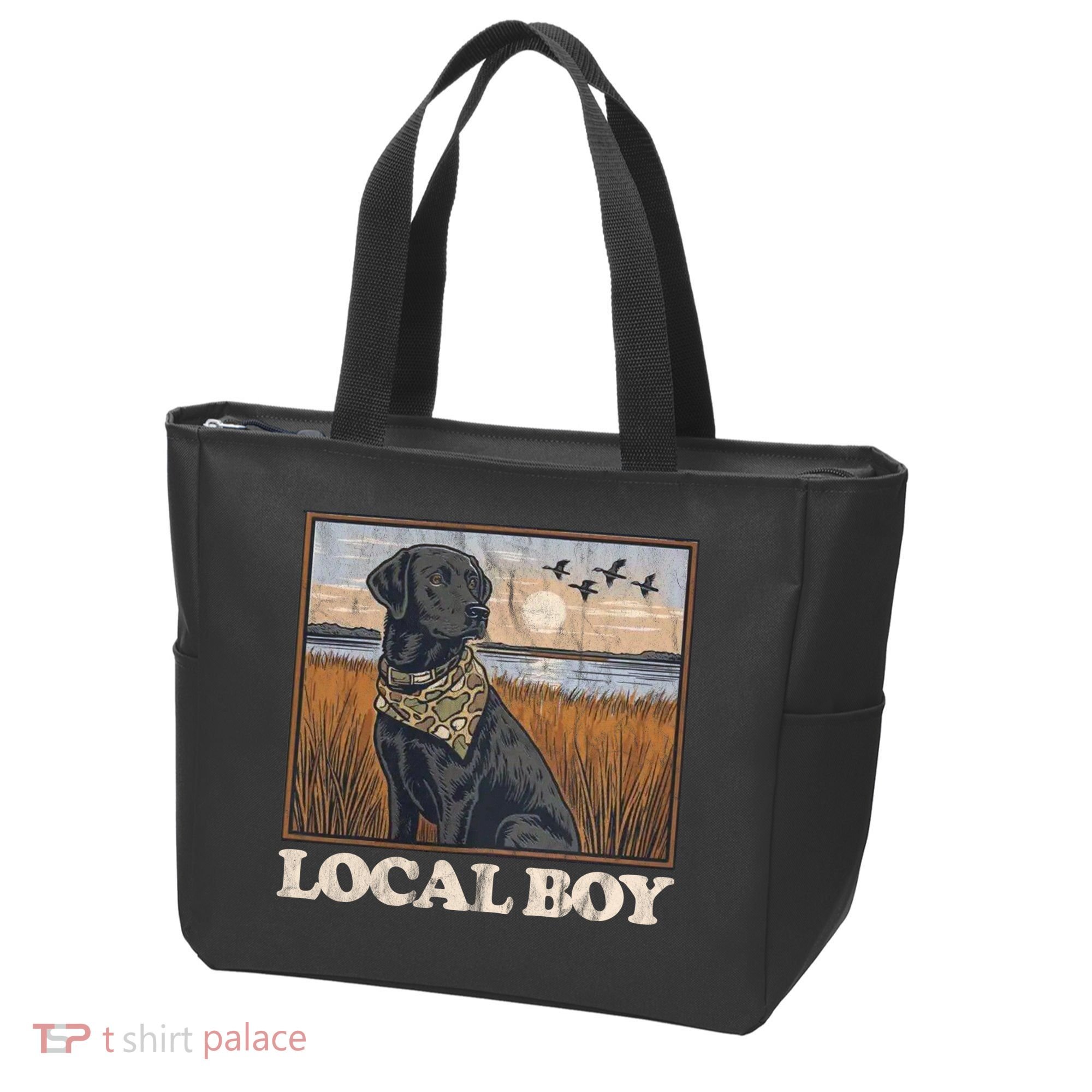 Local Boy Black Lab Hunting Dog Marsh Scene Tote Bag