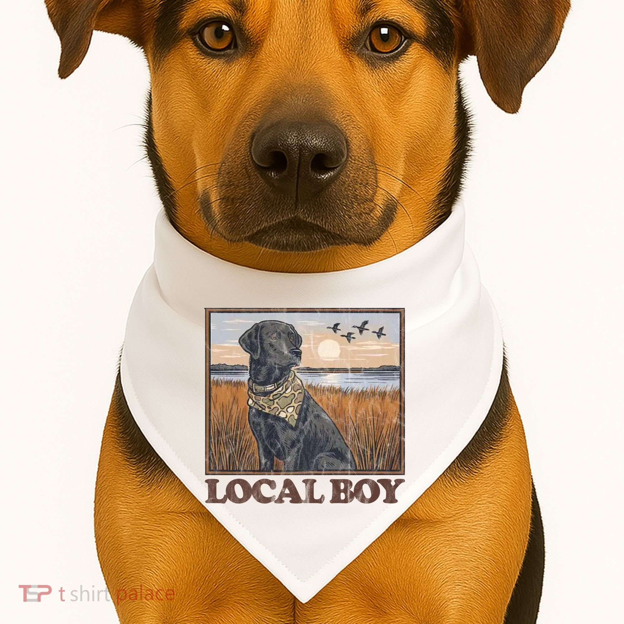 Local Boy Black Lab Hunting Dog Marsh Scene USA-Made Doggie Bandana
