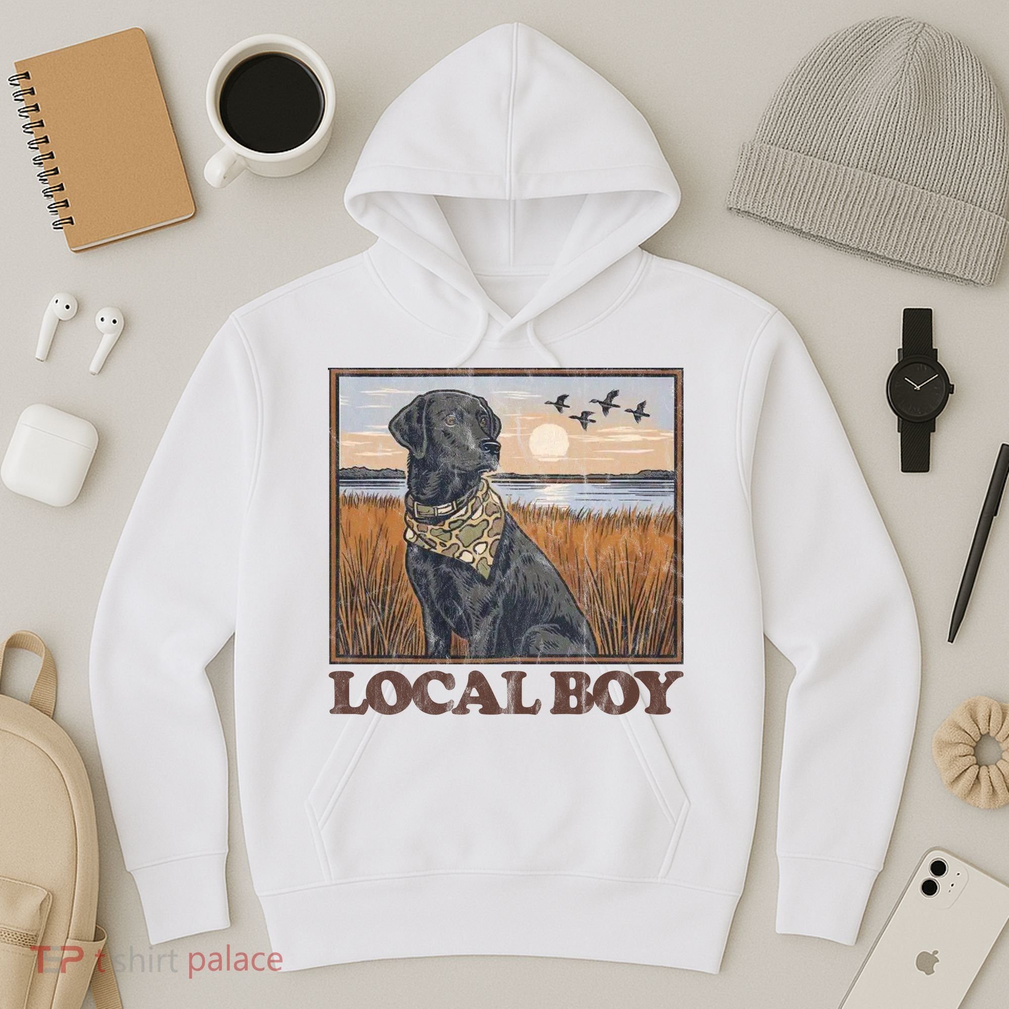 Local Boy Black Lab Hunting Dog Marsh Scene Hoodie