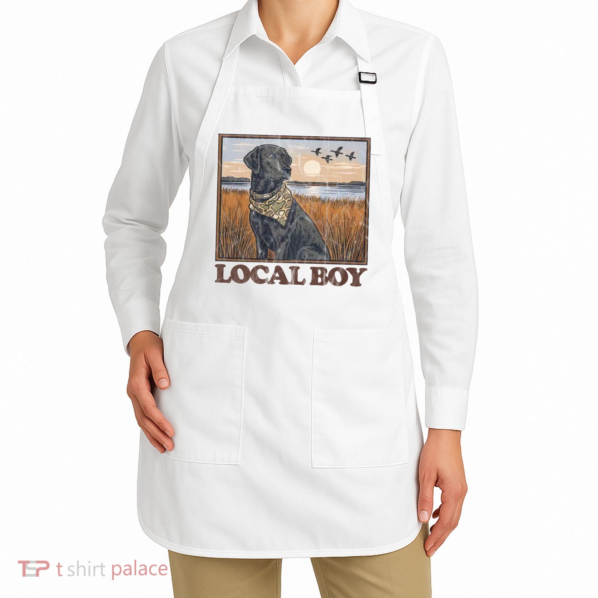 Local Boy Black Lab Hunting Dog Marsh Scene Apron