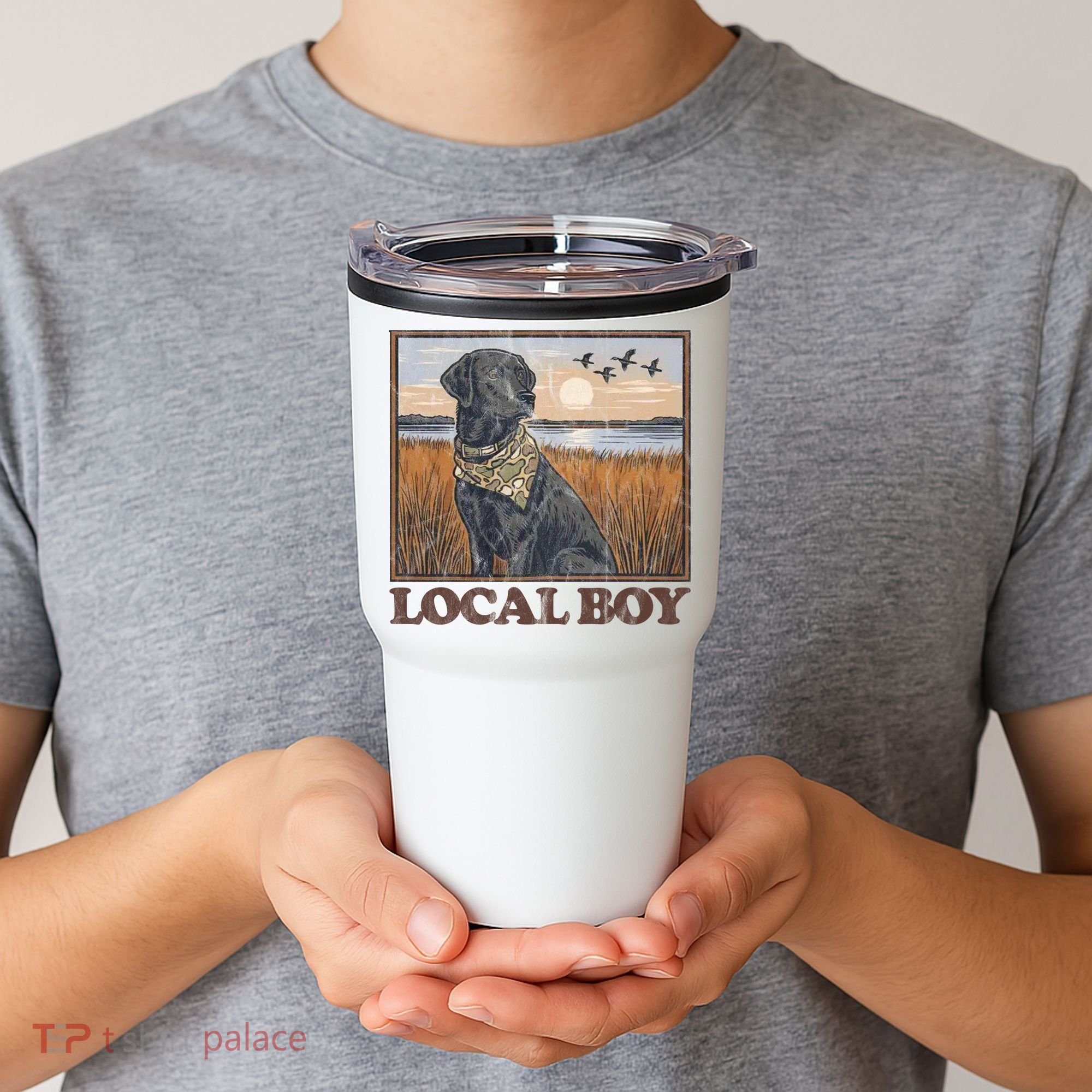 Local Boy Black Lab Hunting Dog Marsh Scene Tumbler