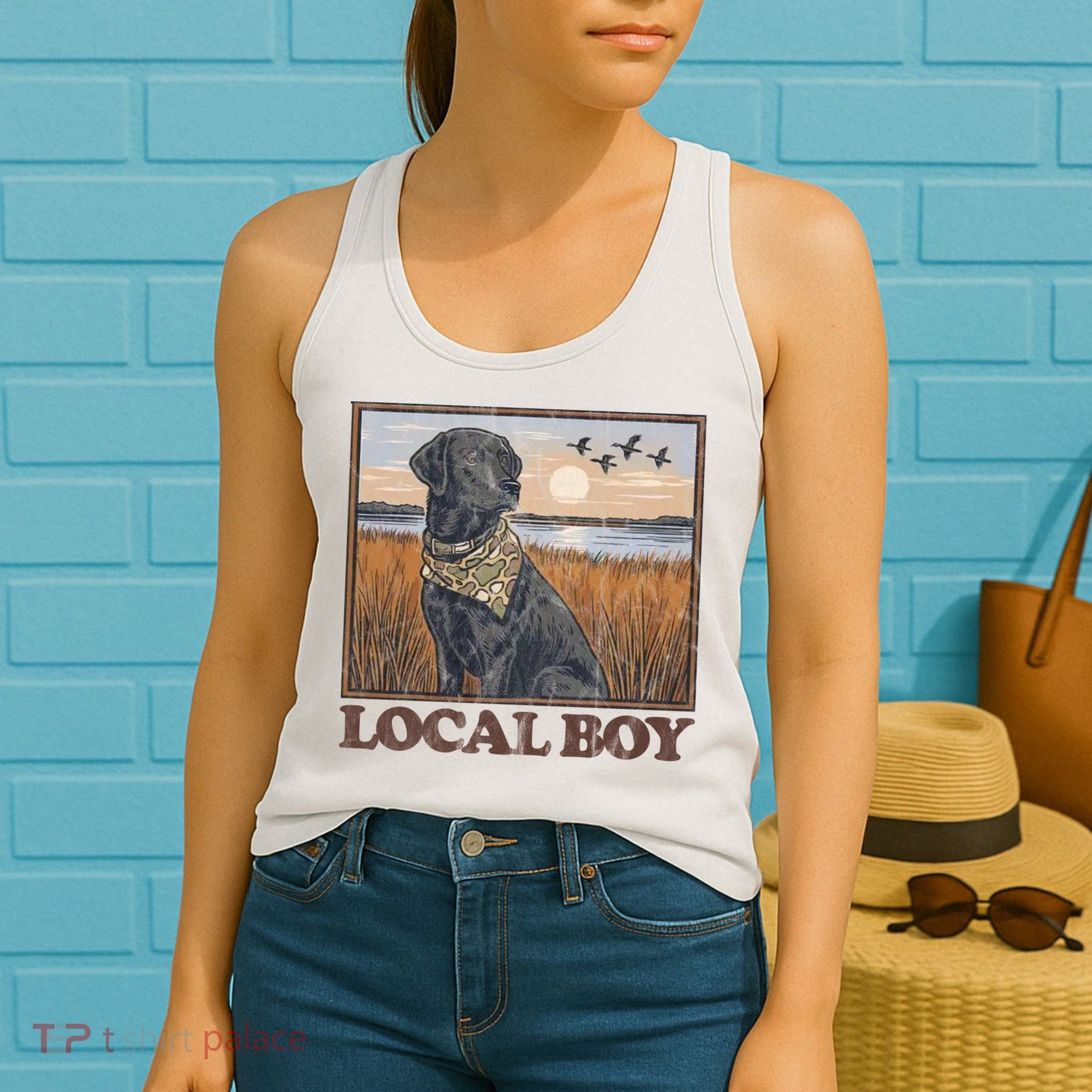 Local Boy Black Lab Hunting Dog Marsh Scene Women's Tank Top