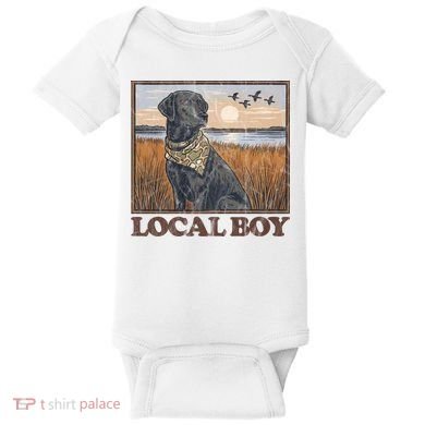 Local Boy Black Lab Hunting Dog Marsh Scene Baby Bodysuit