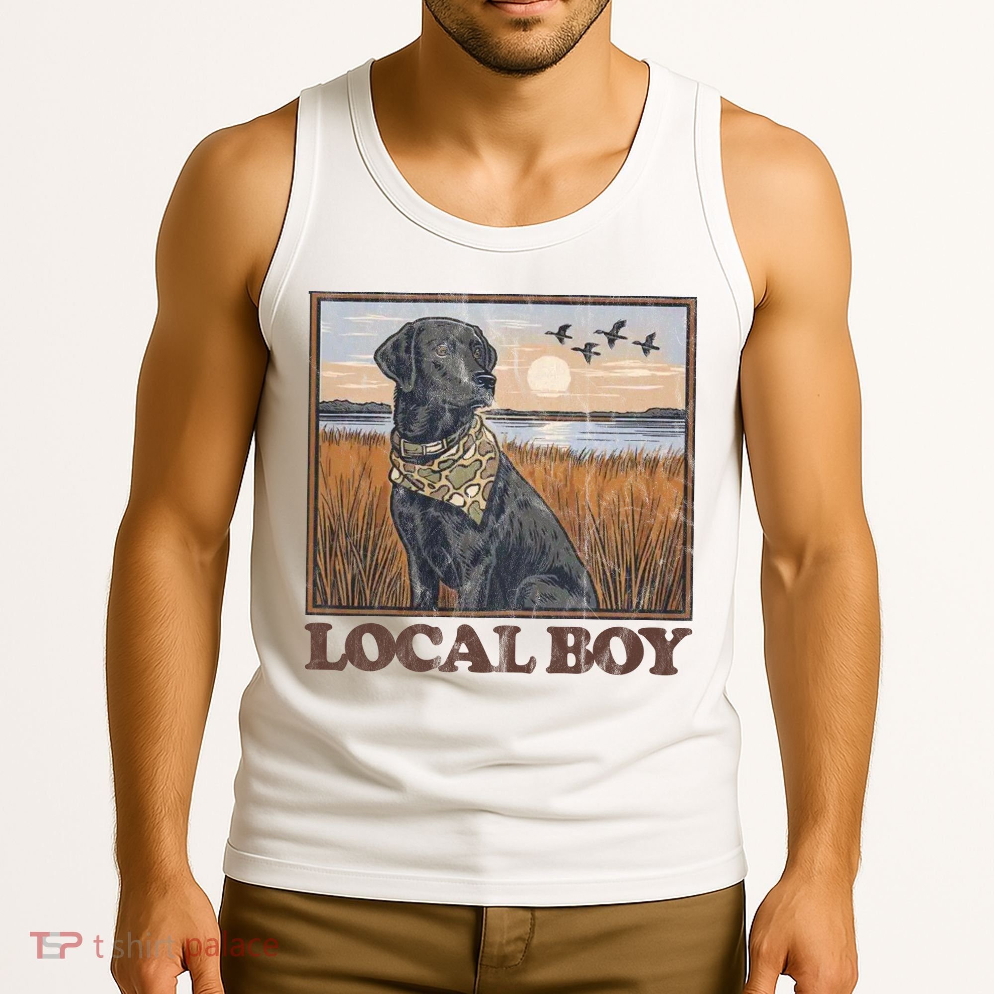 Local Boy Black Lab Hunting Dog Marsh Scene Tank Top
