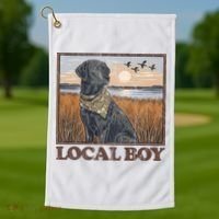 Local Boy Black Lab Hunting Dog Marsh Scene Golf Towel thumb 1