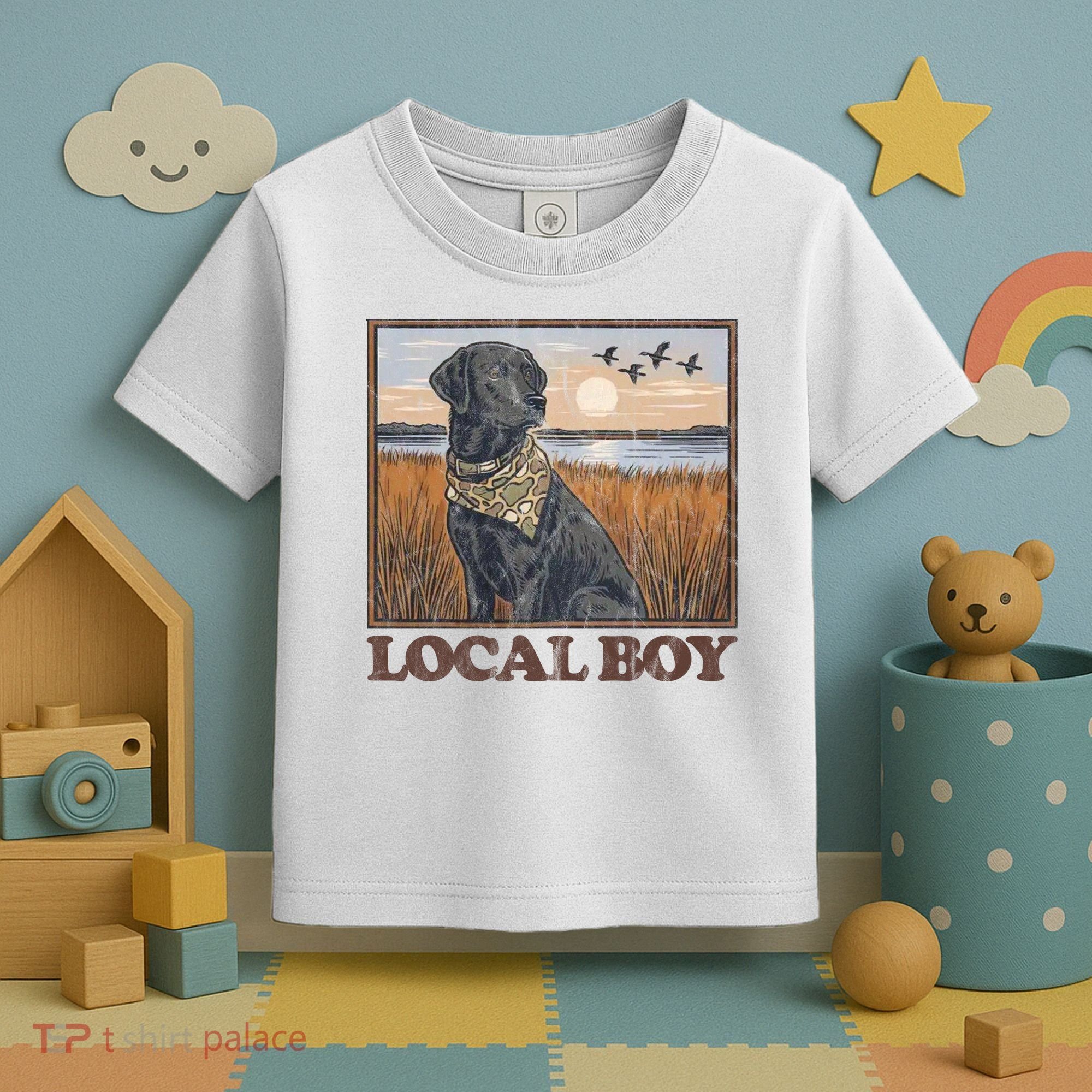 Local Boy Black Lab Hunting Dog Marsh Scene Toddler T-Shirt