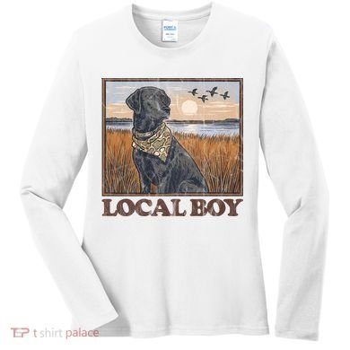 Local Boy Black Lab Hunting Dog Marsh Scene Women's Long Sleeve Shirt