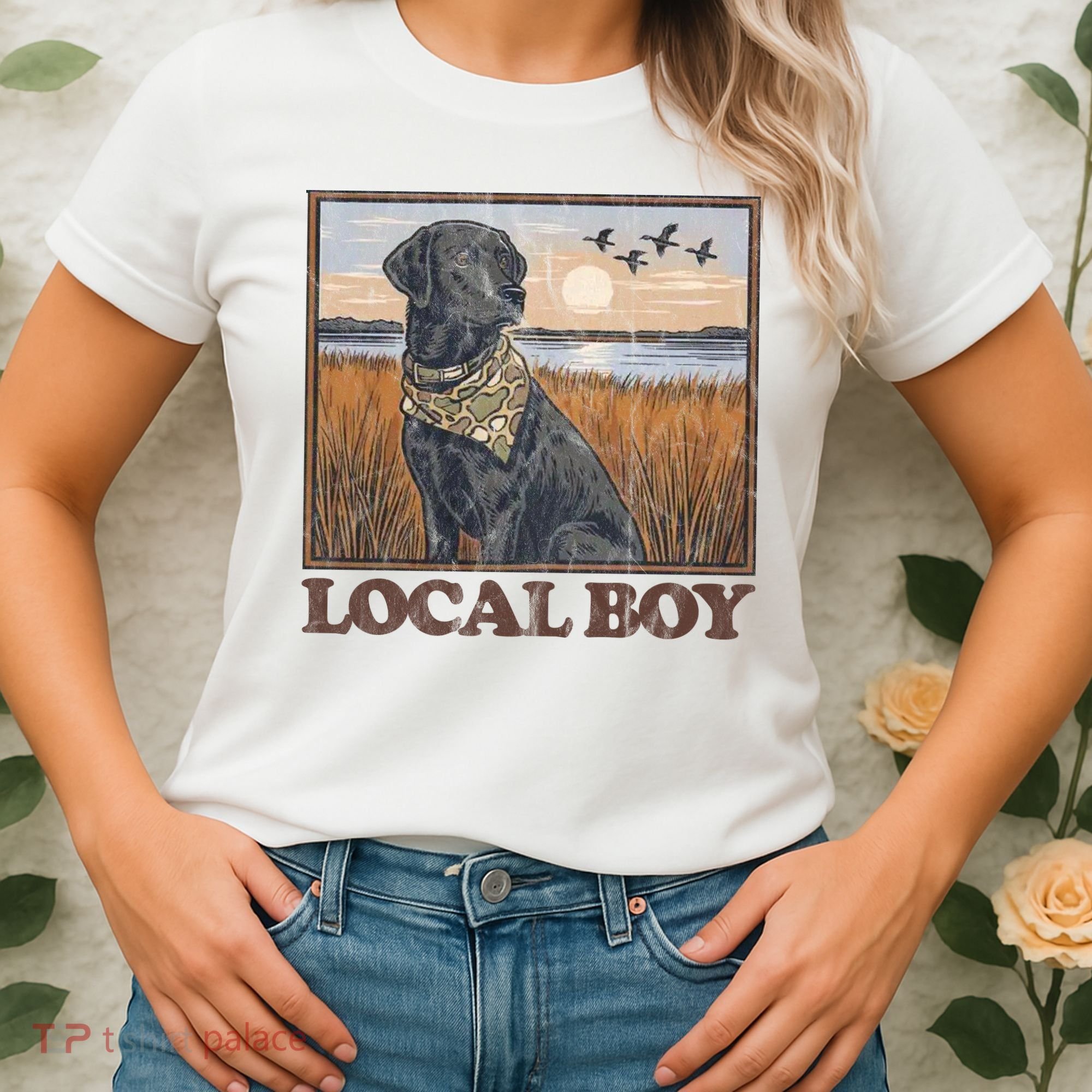 Local Boy Black Lab Hunting Dog Marsh Scene Women's T-Shirt
