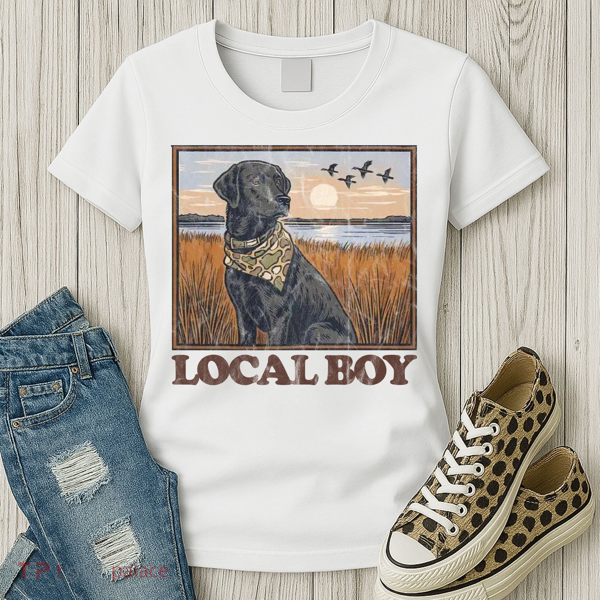 Local Boy Black Lab Hunting Dog Marsh Scene Women's T-Shirt