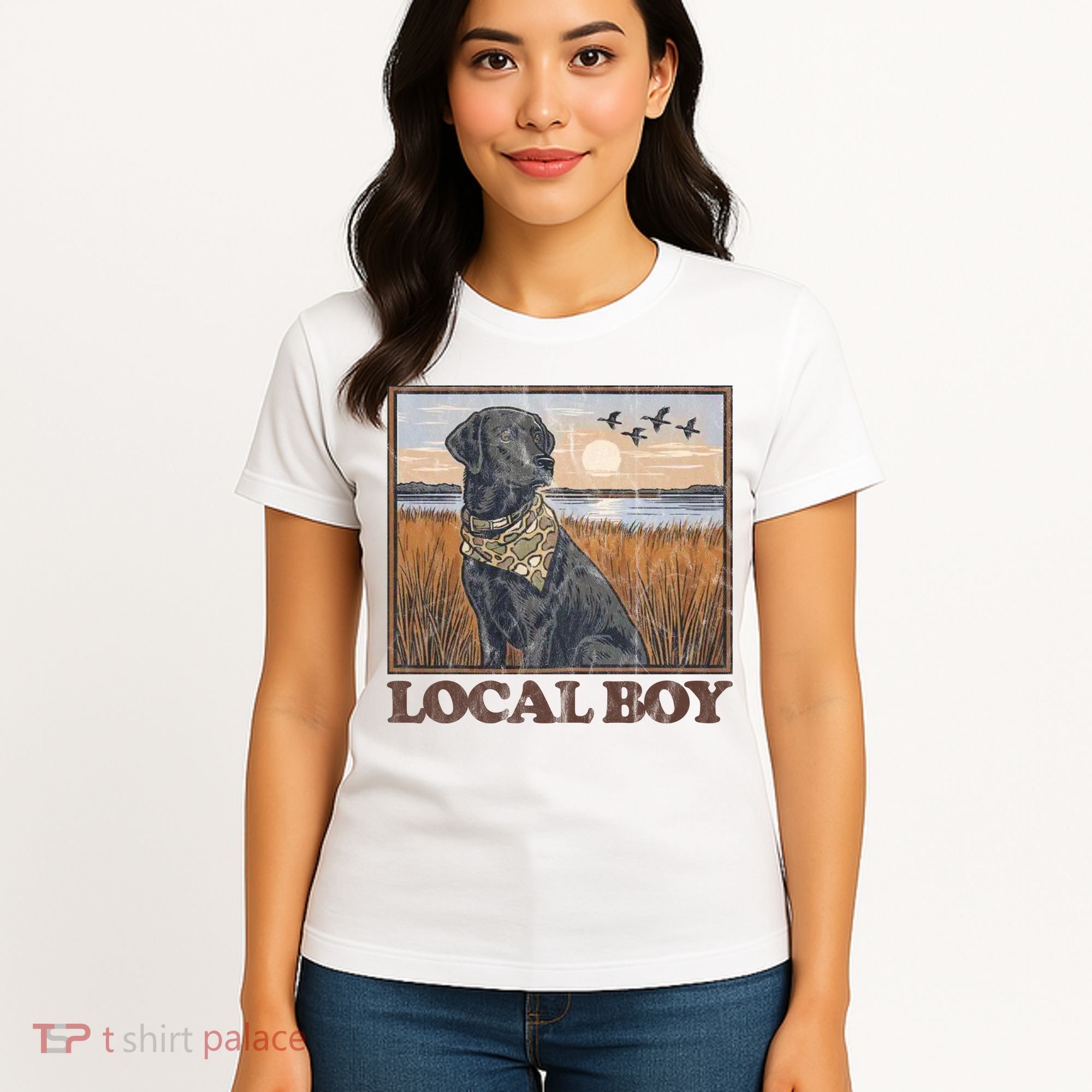 Local Boy Black Lab Hunting Dog Marsh Scene Women's T-Shirt