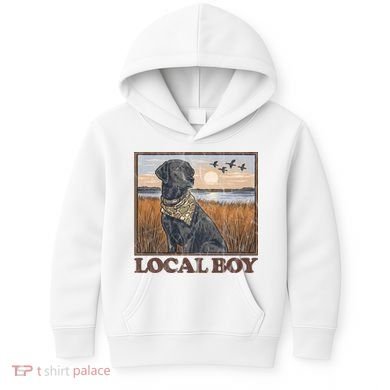 Local Boy Black Lab Hunting Dog Marsh Scene Kids Hoodie