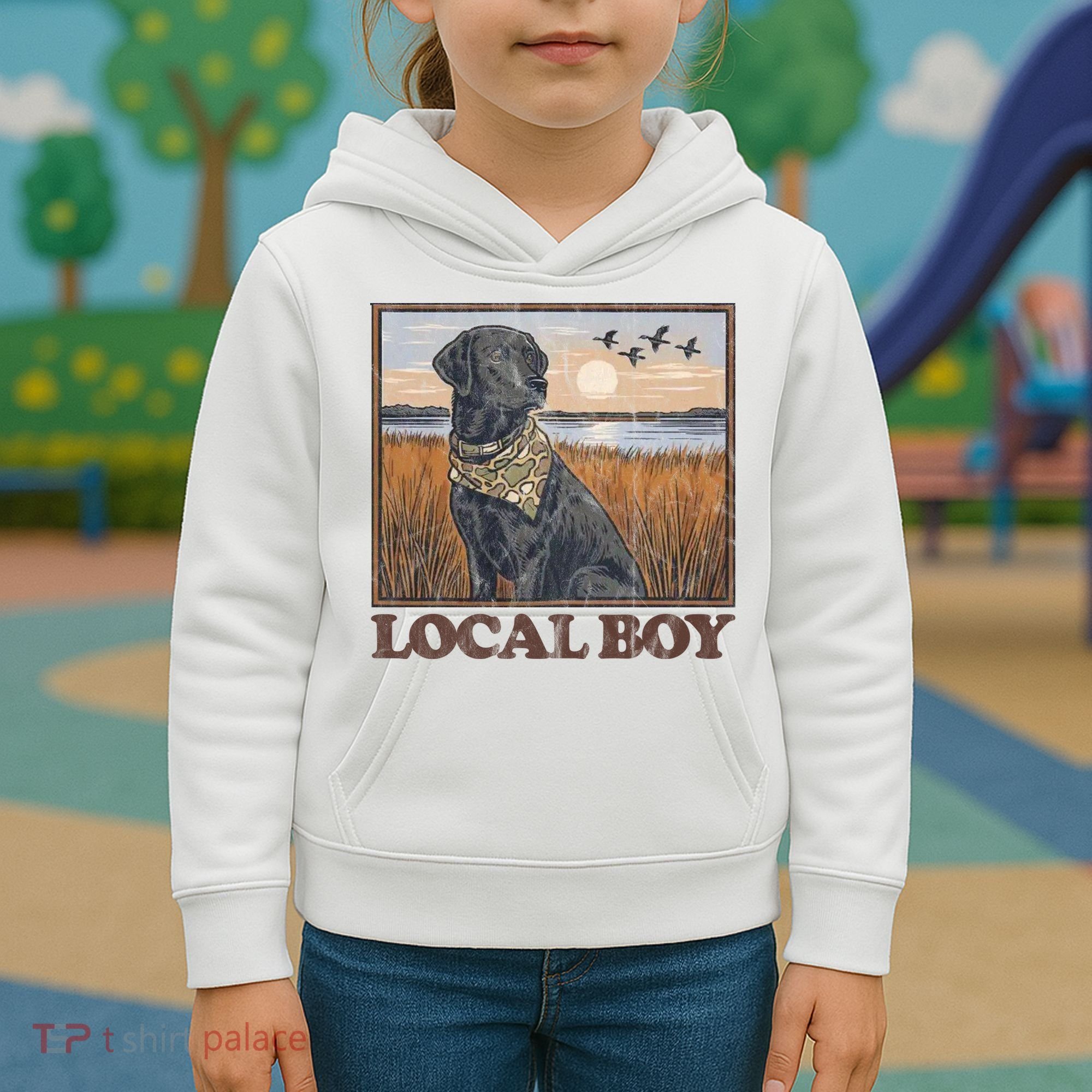 Local Boy Black Lab Hunting Dog Marsh Scene Kids Hoodie