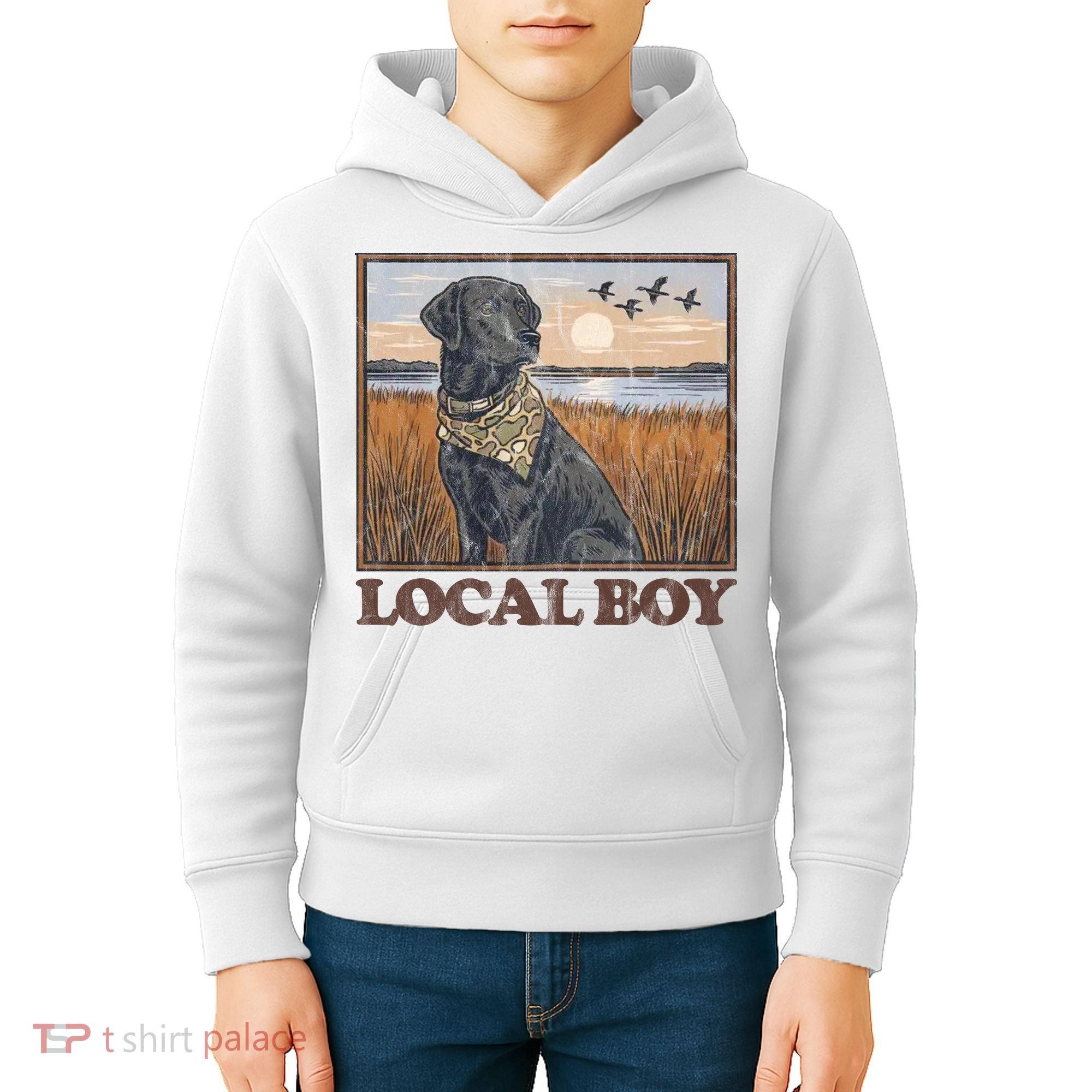 Local Boy Black Lab Hunting Dog Marsh Scene Kids Hoodie