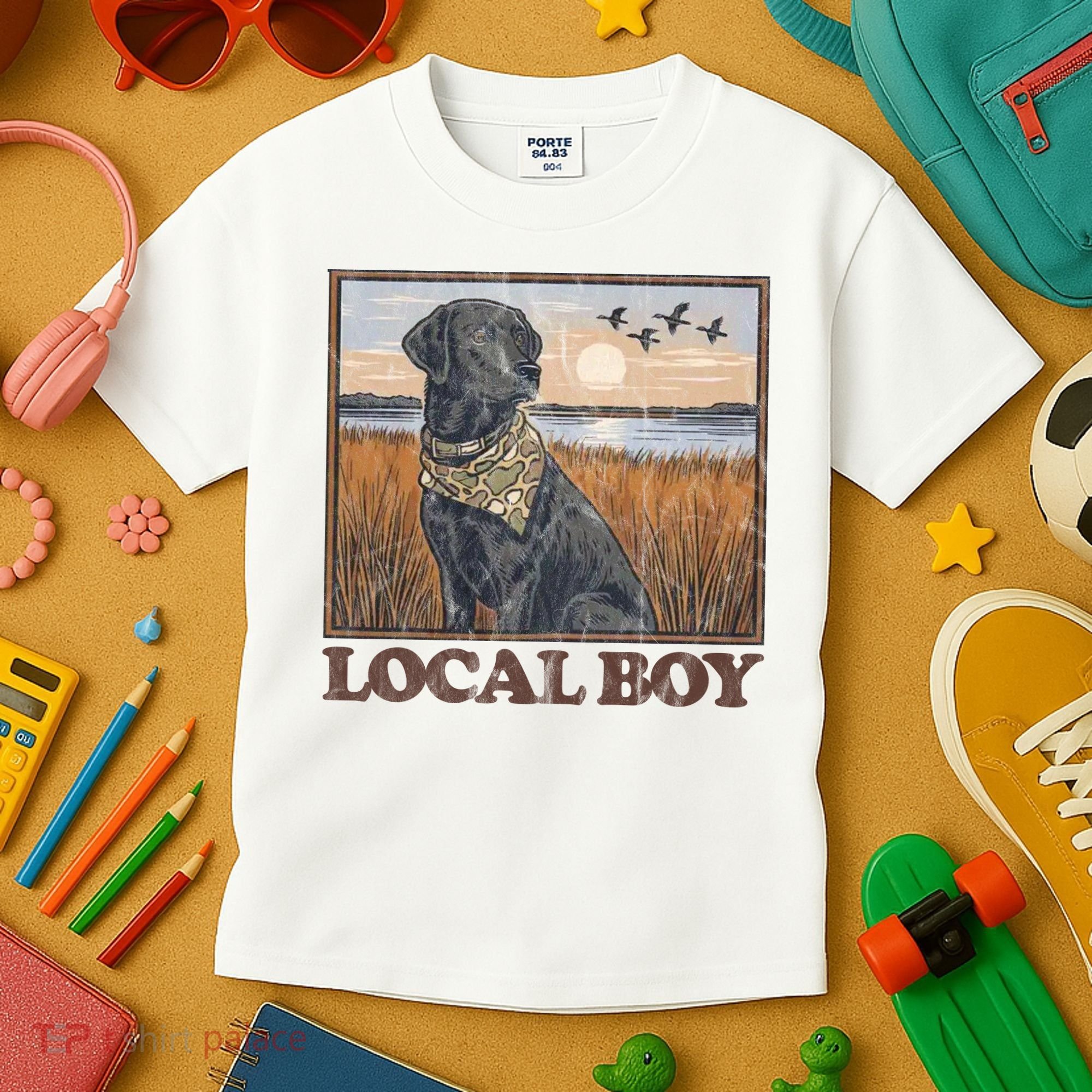 Local Boy Black Lab Hunting Dog Marsh Scene Kids T-Shirt