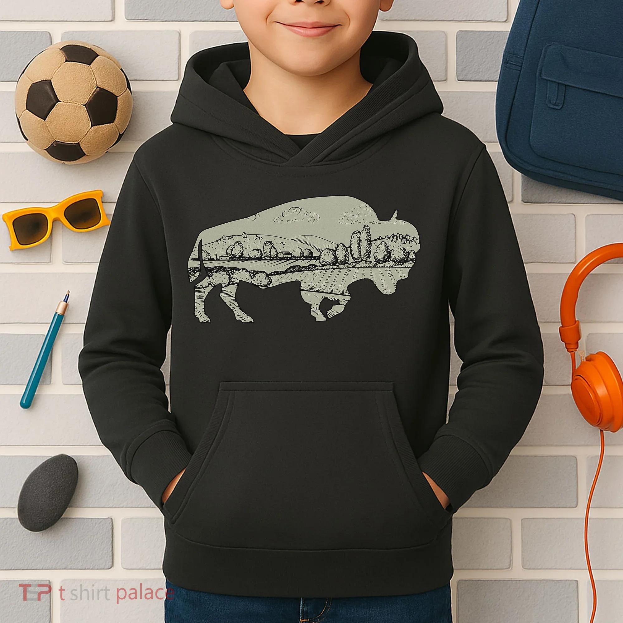 Landscape Buffalo Bison Kids Hoodie