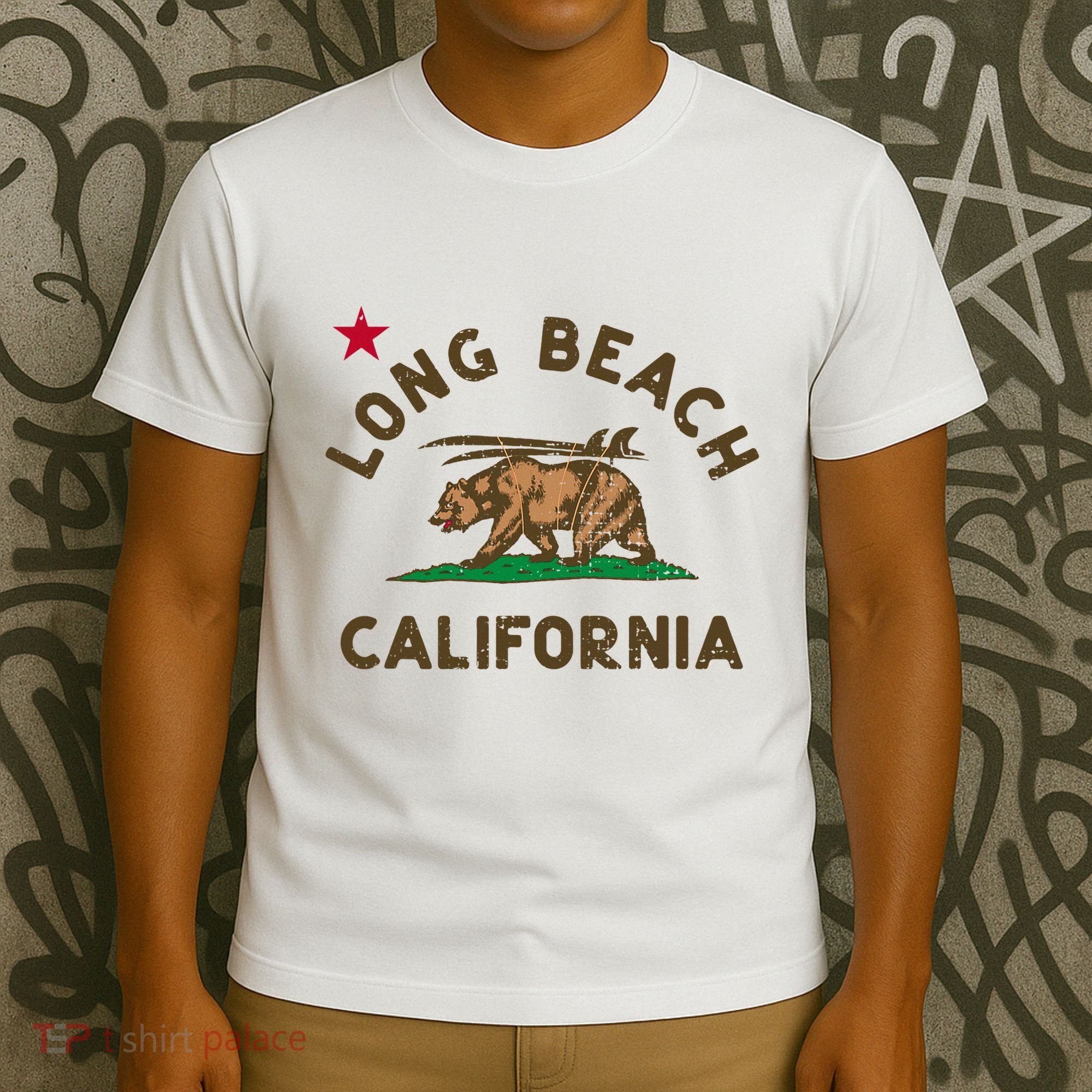 Long Beach California Beach Flag Bear Surf Ca Vintage T-Shirt