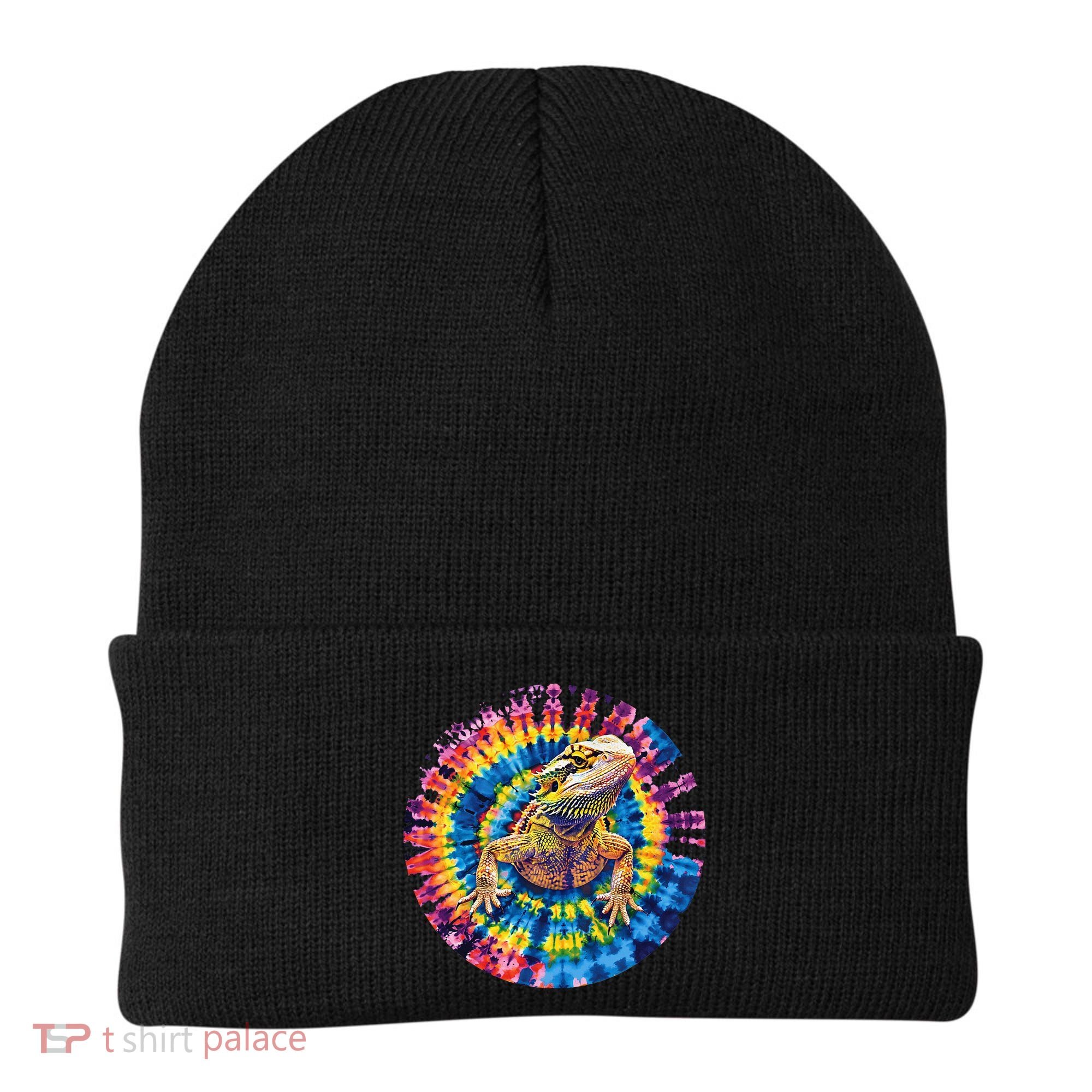 Lizard Bearded Dragon Reptile Tie Dye Spiral Rainbow Cute Beanie