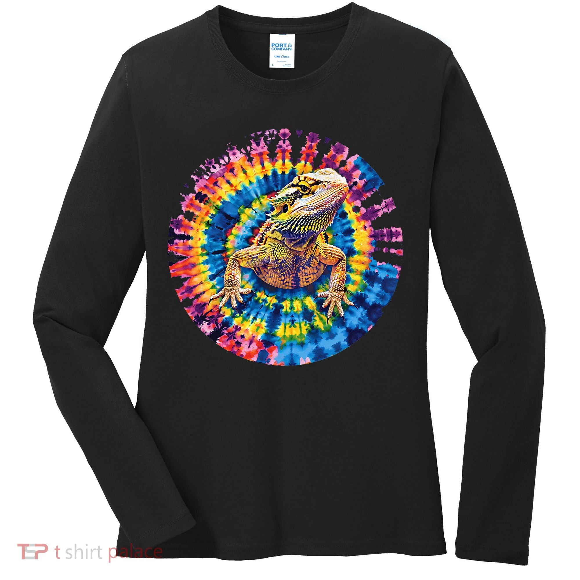 Lizard Bearded Dragon Reptile Tie Dye Spiral Rainbow Cute Women's Long Sleeve Shirt